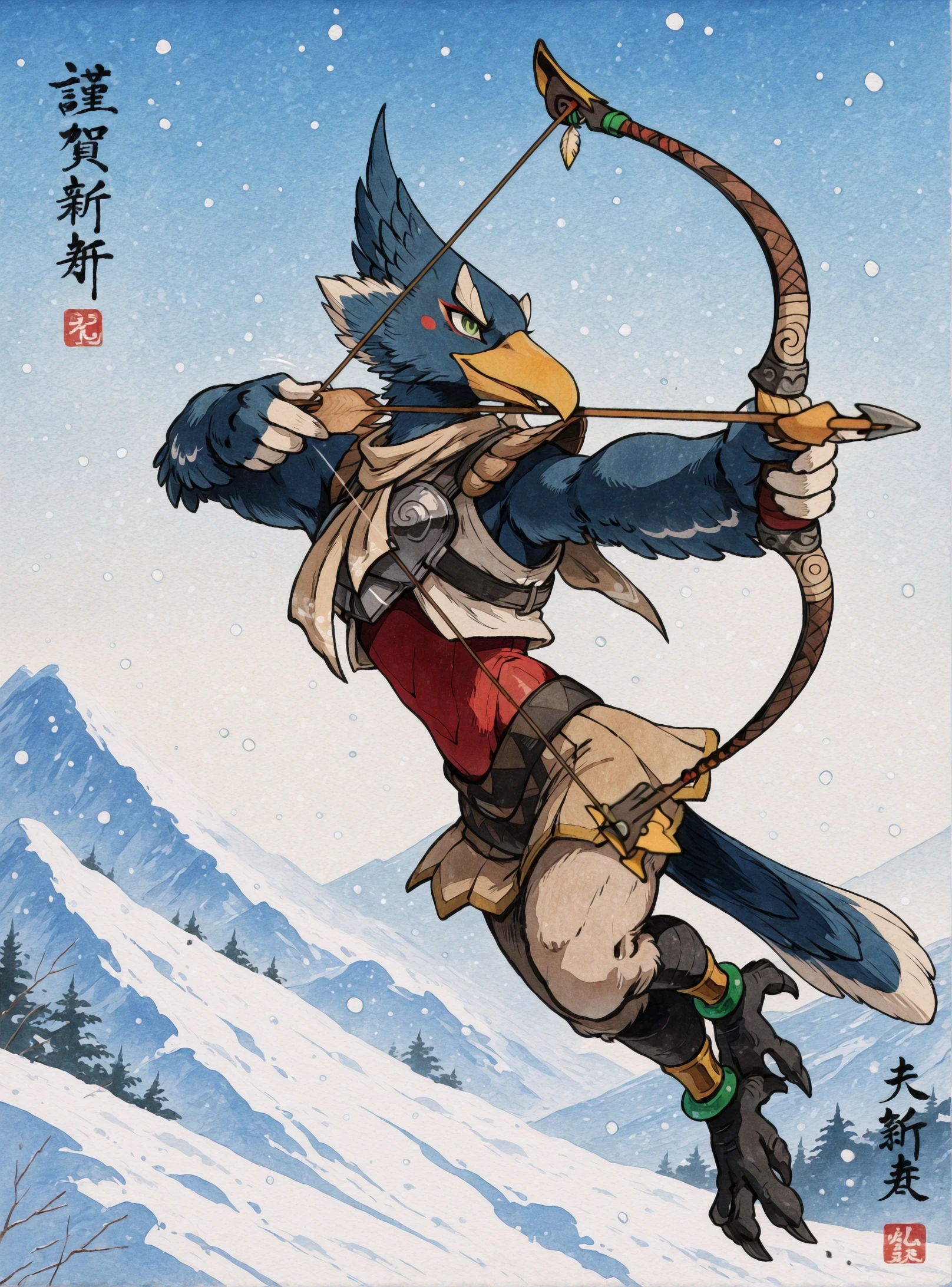 digital artwork, masterpiece, high detailed, best quality, high res, very aesthetic, absurdres, artistic, amazing quality, vibrant colors, high resolution, ultra-detailed, absurdres, newest
<lora:YokaiPokedex_IXL:0.35> y0k4i, <lora:Ink_Blossom:0.55> inbls, ink, gouache \(medium\), watercolor effect, painterly, watercolor \(medium\), painting \(medium\), ukiyo-e, black outline, sumi-e, thick lineart, label, japanese text, japanese signature, 1boy, <lora:Revali:1.0> R3v4l1, anthro avian, furry, anthro male, 1boy, green eyes, red eyeliner, blue feathers, yellow beak, black talons, Beige thighs, red top, pauldrons, breastplate, tan skirt, anklet, [scarf], tan neckerchief
jumping, floating, flying, airborne, holding, <lora:Better Bows:1.3>, holding bow \(weapon\), bow weapon, bow \(weapon\), arrow \(projectile\), (aiming bow:1.4)
mountainous horizon, snowy setting, snowing