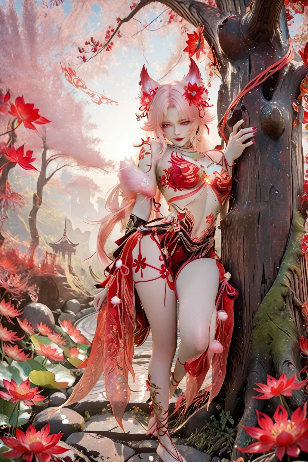 lazypos,IllusP0s,<lora:ç»ªå¿ åæ¶æå¾åå½±è´¨æå¢å¼ºV3:0.5>,<lora:detailed hand focus style illustriousXL v1:1>,detailed,<lora:illustrious_very_aesthetic_v1:0.5>,<lora:TrendCraft_The_Peoples_Style_Detailer-v2.4I-5_18_2025-Illustrious:0.6>,<lora:Smooth_Booster_v3:0.5>,
<lora:æ°¸å«æ é´çç²çSDXL:0.8>,yulinglong,1girl,jewelry,earrings,barefoot,red nails,anklet,nail polish,fox ears,animal ear fluff,cleavage,flower tattoo,lotus,ribbon,sheer fabric,midriff,(red dress:0.7),navel,hair flower,makeup,red_lips_,long_eyelashes,pink hair,long hair,red eyes,seductive_smile,
Fantasy background,central ancient towering tree,red silk fluttering,red spider lily field,small stones,cute creatures,dappled sunlight,glowing auras,cinematic lighting,8k,vivid magic,