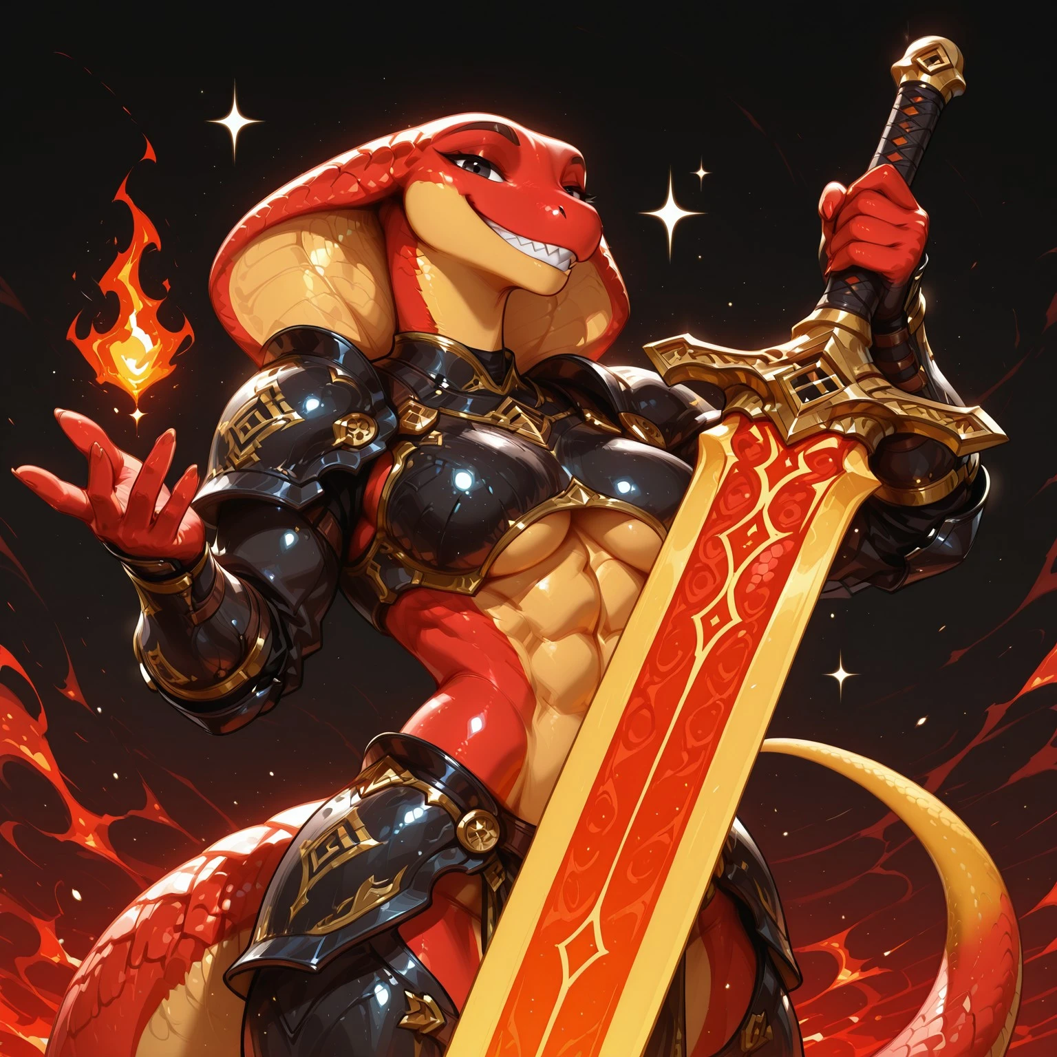 masterpiece, amazing quality, best quality, ultra-detailed, 8K, illustration, CG, ultra-detailed-eyes, detailed background, very awa, newest, highres, absurdres, 1girl, solo, RubyZM, ffurry female, anthro, scalie, snake, cobra, dark-red eyebrows, black eyes, red body, red scales, yellow body, yellow scales, two tone body, two tone scales, muscular female, medium breasts, abs, red tail, yellow tail, multicolored tail, medium tail, red armor, black armor, multicolored armor, armored female, fully clothed, knight armor, underboob, upper body, 5 fingers, standing, closed mouth, looking at viewer, black background, glowing background, red particle effects, detailed background, face focus, front view, standing, smile, narrowed eyes, smile, C1tr0nSw0rd, sword, glowing sword, red sword, red aura, sparkles, light particles, holding sword, red flames in background, cinematic lighting, rim light, tall female, big muscles, sharp teeth, offering hand, reaching out
