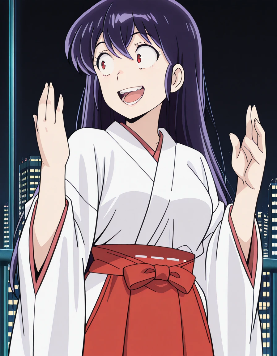 masterpiece, best quality, amazing quality,, <lora:urusei-yatsura-sakura-s1-illustriousxl-lora-nochekaiser:1>, sakura, long hair, purple hair, red eyes, mature female, medium breasts, anime screencap, skirt, japanese clothes, wide sleeves, kimono, hakama, hakama skirt, white kimono, miko, red hakama,, <lora:you-dense-mf-illustriousxl-lora-nochekaiser:1>, you dense mf, solo, smile, teeth, meme, hands up, wide-eyed, looking to the side, open mouth, city skyline, rooftop view, night time, city lights, quiet reflection, cowboy shot, solo, looking at viewer, <lora:transparent-background-illustriousxl-lora-nochekaiser:1>, transparent background, simple background, white background