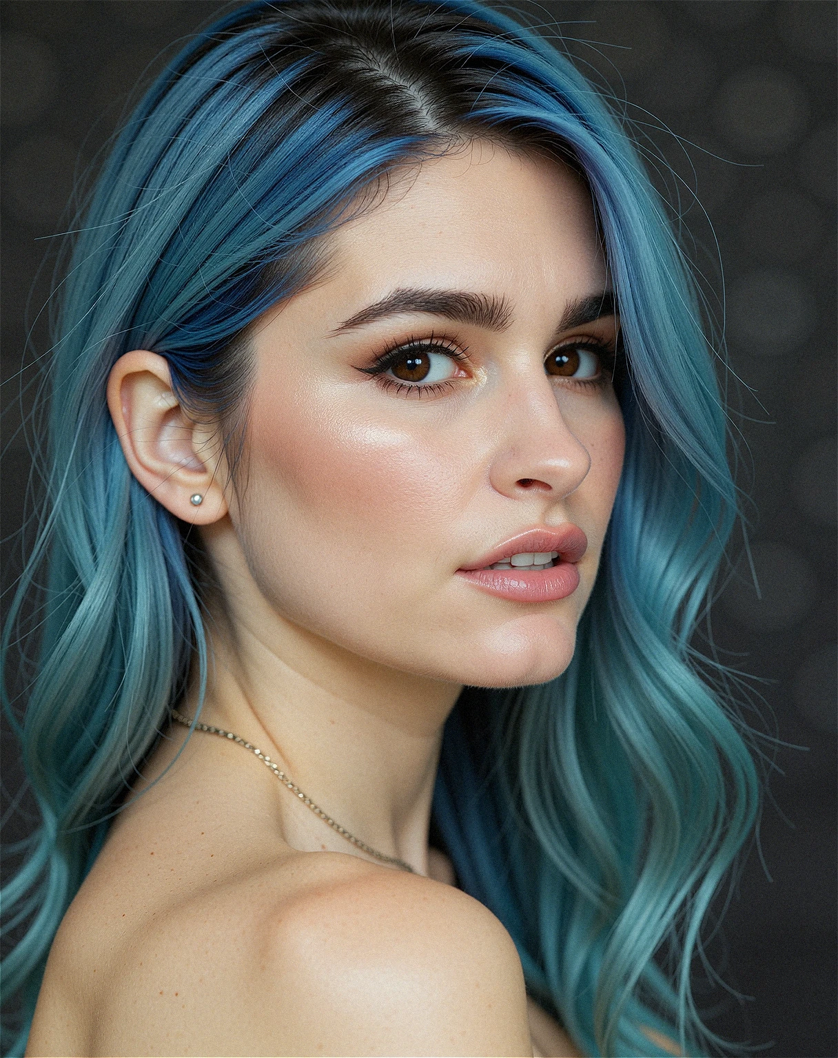 Photo of Courtney LaPlante, mole on her cheek, teal hair, direct gaze, bare shoulders, dark background, soft lighting. This shot was taken with a Sony A7III, a 70 mm lens. RAW photo, award-winning photograph