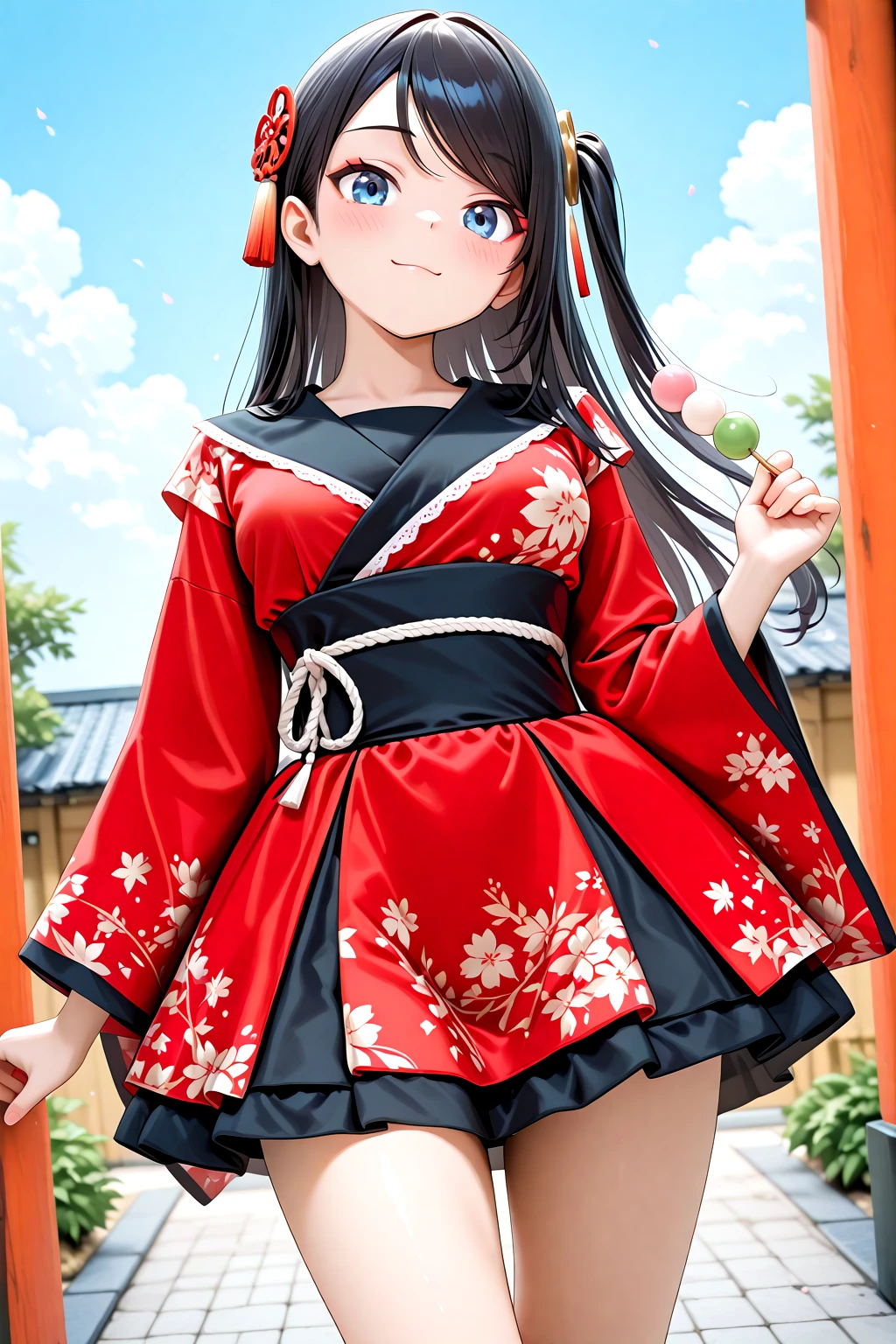 masterpiece, best quality, amazing quality, 1girl, solo, makeup, general, cowboy shot, looking at viewer, blush, dramatic angle, smile, closed mouth, cloud, torii, outdoors, sky, petals, (holding sanshoku dango), <lora:KRTGirlsXiaoQiong:0.8>, long hair, black hair, one side up, blue eyes, medium breasts, swept bangs, hair ornament, <lora:Kimono_Style_Dress:1>, Kimono_Style_Dress, cosplay, dress, japanese clothes, wide sleeves, short kimono, floral print, ribbon, long sleeves, hair ribbon, sash, obi, (red dress), socks, <lora:wai-A3-V140:1>, <lora:illustrious_noobai_epsilon_pred_1_masterpieces_v1:1>