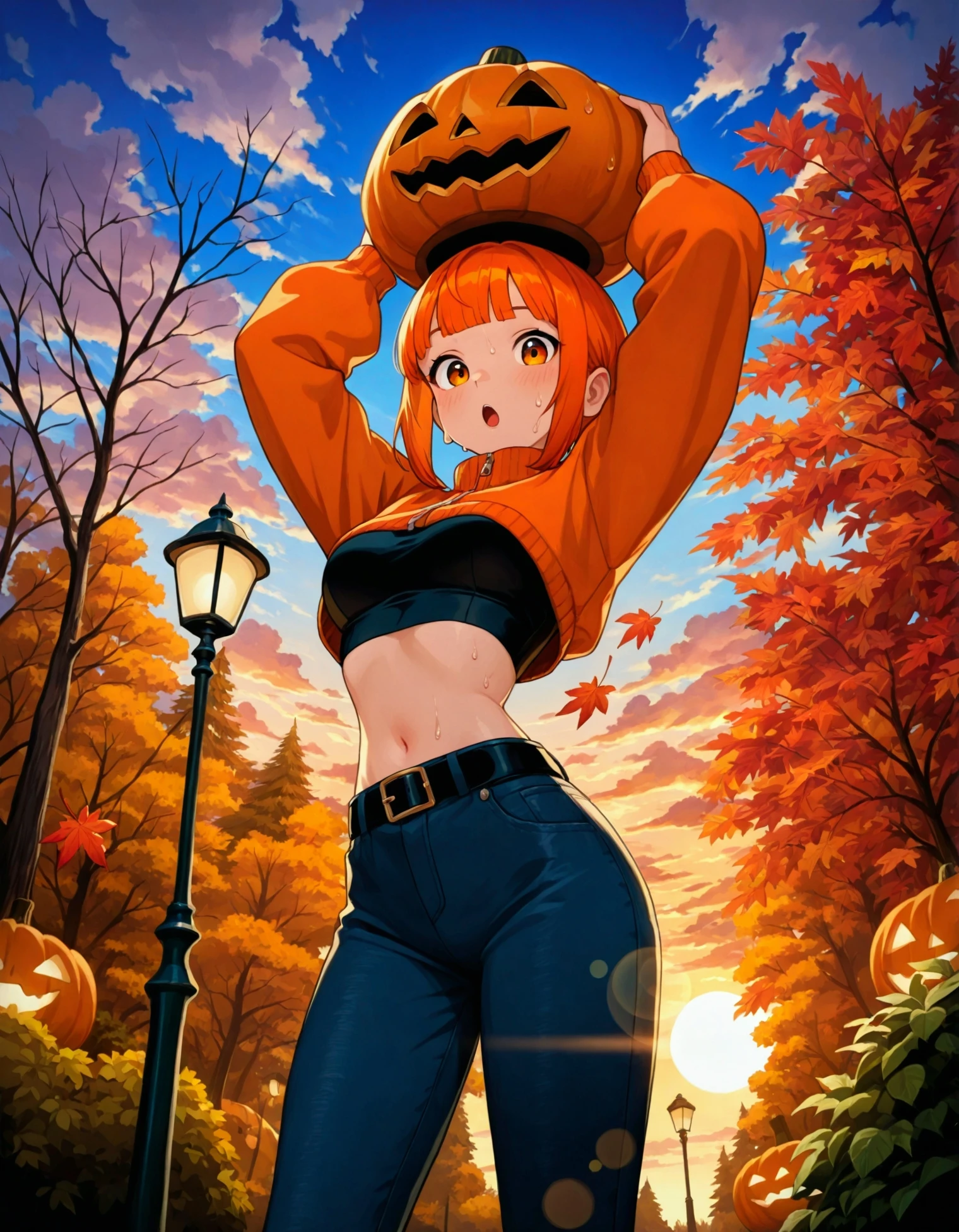 1girl,:o,arms up,autumn,autumn leaves,bangs,bare tree,belt,belt buckle,black belt,blue sky,blunt bangs,branch,breasts,buckle,bush,cloud,cloudy sky,cowboy shot,crop top,day,forest,from below,halloween,jack-o'-lantern,lamppost,leaf,leaf background,lens flare,long sleeves,looking at viewer,nature,navel,open mouth,orange eyes,orange hair,orange jacket,outdoors,palm tree,pants,park,pine tree,plant,pumpkin,short hair,sidelocks,sky,solo,sun,sunlight,sunset,sweat,tree,
