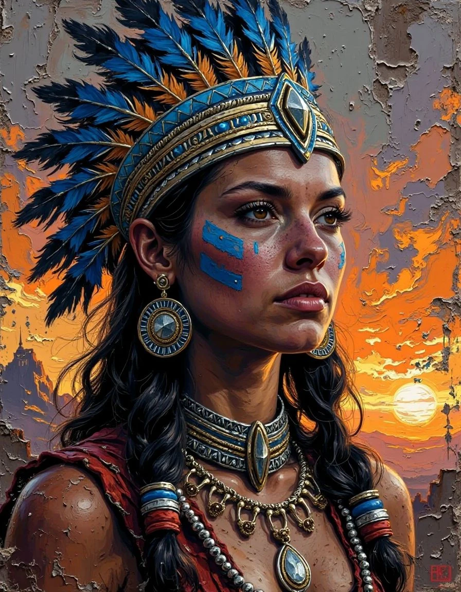 A commanding female warrior queen with deep olive-toned skin, adorned with bright blue and orange tribal face paint in sharp, geometric patterns. Her intense gaze pierces forward, and her elaborate feathered headdress rises like a crown. She is draped in ornate ceremonial regalia, with metallic details and sacred symbols. The background is a warm ochre sky. Painted in vivid, textured impasto oil style, where each brushstroke builds emotion and legacy.
<lora:xtrem-impasto:1> <lora:Flux_Krea_Blaze_Lora-rank32:1>