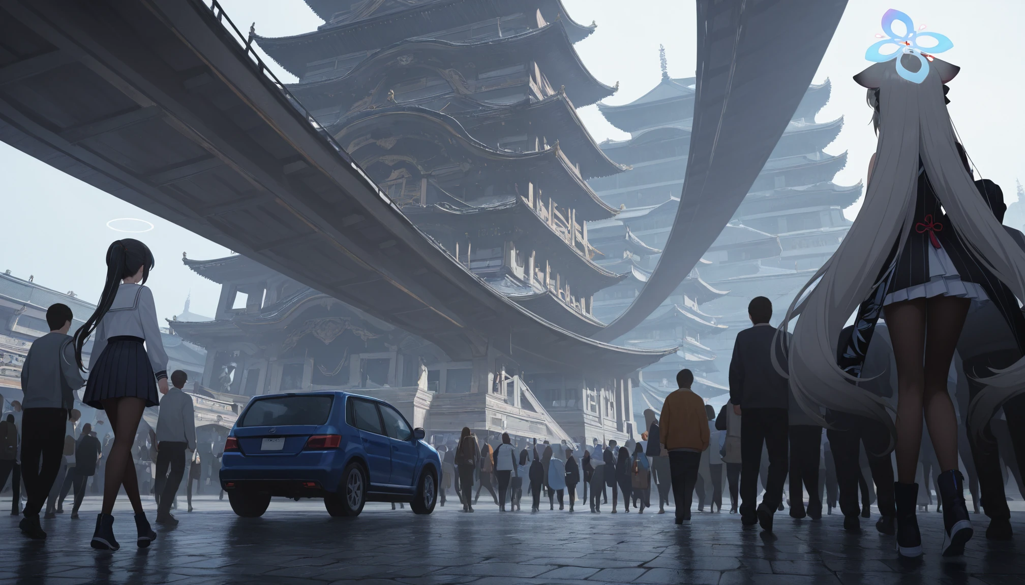 masterpiece,best quality,amazing quality,very aesthetic,absurdres,newest,scenery,
1girl,<lora:å¿å¥:0.8>,Sunohara Kokona,halo,animal ear fluff,animal ears,gray hair,black hair,brown eyes,hair between eyes,multicolored hair,streaked hair,very long hair,
city building,((intricate architecture)),((detailed background)),((spectacular architecture)),((very detailed background)),crowd,face-less crowd,no details of the crowd,(pure white sailor suit:1.2),facing_away,(dark blue long pleated skirt:1.2),(single ponytail:1.4),panorama,((from_side:1.1)),walking,from_below,(low angle:1.2),full body,car,motor vehicle,truck,aircraft,
photorealistic,masterpiece,best quality,amazing quality,very aesthetic,absurdres,newest,scenery,volumetric lighting,