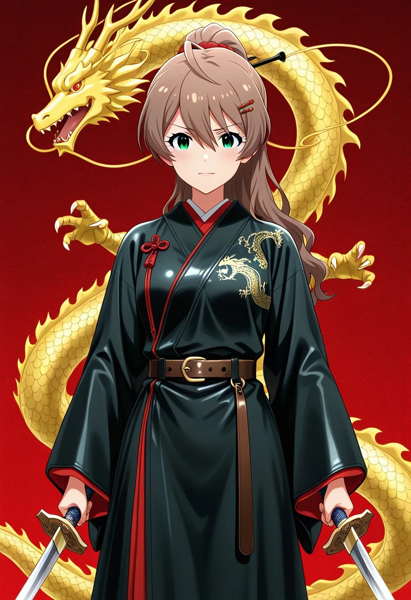 Smooth_Quality,
,BREAK,
1 gril,solo,Sakuramori Kaori,((long hair))
,BREAK,
black and red robe, golden dragon embroidery, leather belt, twin swords, high ponytail, hairpin