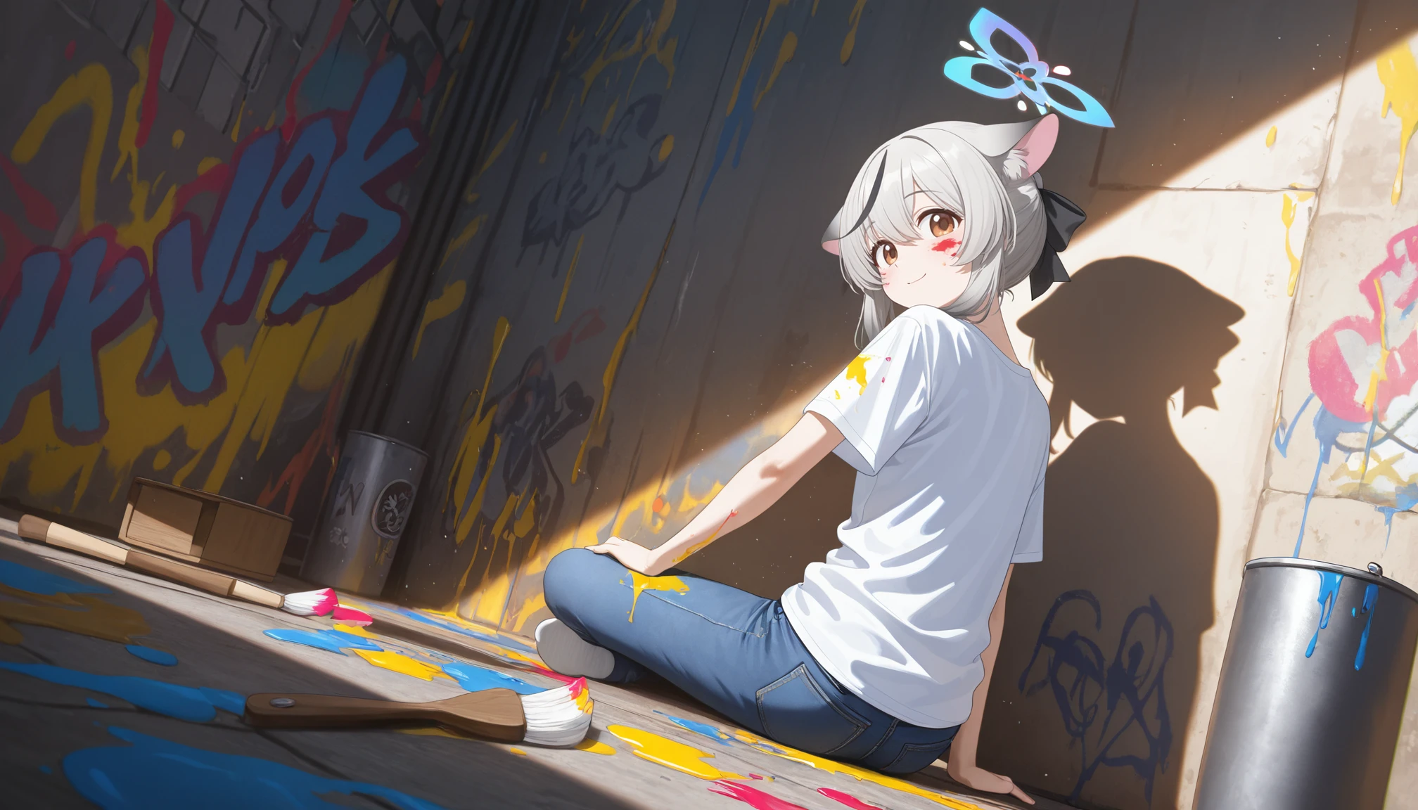 masterpiece,best quality,amazing quality,very aesthetic,absurdres,newest,scenery,
1girl,<lora:å¿å¥:0.8>,Sunohara Kokona,halo,animal ear fluff,animal ears,gray hair,black hair,brown eyes,hair between eyes,multicolored hair,streaked hair,
graffiti background wall,graffiti,looking_back,solid color clothes,SHORT SLEEVE SHIRT,jeans,bright color theme,sitting,hand brush,paint,paint on the body,head_tilt,(face paint:1.1),from behind,(paint on clothes:1.4),(paint_splatter:1.2),(color paint everywhere:1.4),dutch angle,chromatic_aberration,((panorama)),smile,(((detailed background))),on ground,(((updo hairdo))),1girl,solo,paint cans,oil drum,one-sided wall,
photorealistic,masterpiece,best quality,amazing quality,very aesthetic,absurdres,newest,scenery,volumetric lighting,(((absurdres))),(((32k ultra hd))),