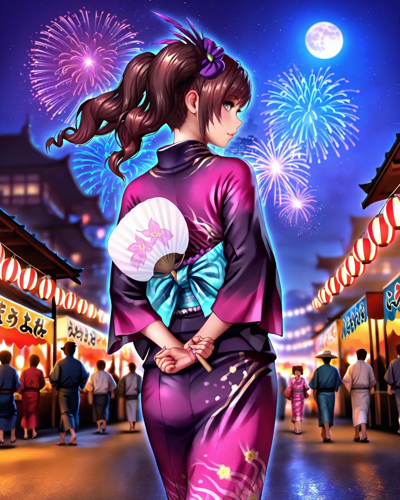 masterpiece, best quality, amazing quality, city, blurry background, hands behind back, walking, festival, fireworks, looking at sky, night, moon, looking at viewer, looking back, cowboy shot, 
 <lora:GraciaSW:1>Gracia, 1girl, solo, japanese clothes, twintails, kimono, brown hair, sandals, hand fan, hat