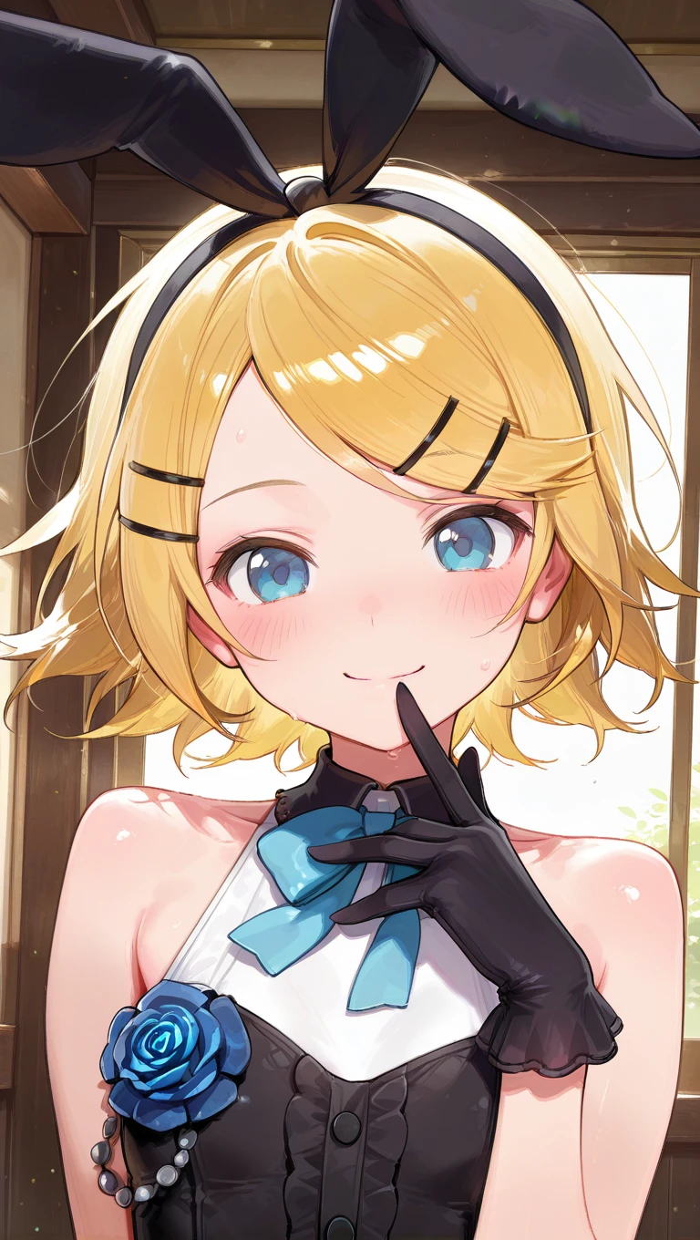 (masterpiece),best quality,amazing quality,very aesthetic,absurdres,newest,perfect body,shiny skin,perfect eyes,detail1eye,well-defined fingers,well-defined fingernails,anime style,indoors,1girl,solo,upper body,(portrait:1.5),looking at viewer,facing viewer,smile,blush,Shimakaze-White Rabbit of Wonderland Showcase uniform,rabbit ears,black hairband,black bow,kagamine rin,short hair,blonde hair,floating hair,hairclip,swept bangs,blue eyes,bare shoulders,blue bowtie,black dress,sleeveless dress,dress flower,blue rose,black gloves,frills,<lora:Kagamine Rin(voc)-Illus-Remake:1.6>,<lora:Shimakaze-White Rabbit of Wonderland Showcase[uniform](azur)-Illus:1.6>,