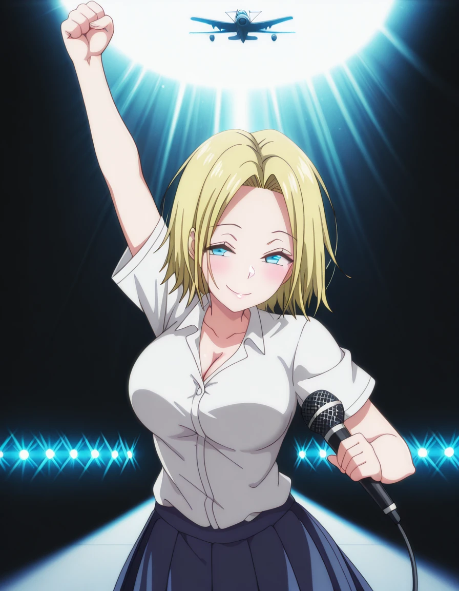 masterpiece, best quality, amazing quality,, <lora:reina-hamazaki-ova-illustriousxl-lora-nochekaiser:1>, reina hamazaki, short hair, blue eyes, mature female, large breasts, anime screencap, shirt, white shirt, collared shirt, short sleeves, collarbone, cleavage, skirt, pleated skirt, blue skirt,, <lora:freddymercury-rage-pose-illustriousxl-lora-nochekaiser:1>, freddymercurys rage pose, solo, blush, smile, holding, closed eyes, arm up, microphone, holding microphone, clenched fist, dark, spotlight, upper body, runway, planes, lights, takeoff, landing, cowboy shot, solo, looking at viewer, <lora:transparent-background-illustriousxl-lora-nochekaiser:1>, transparent background, simple background, white background