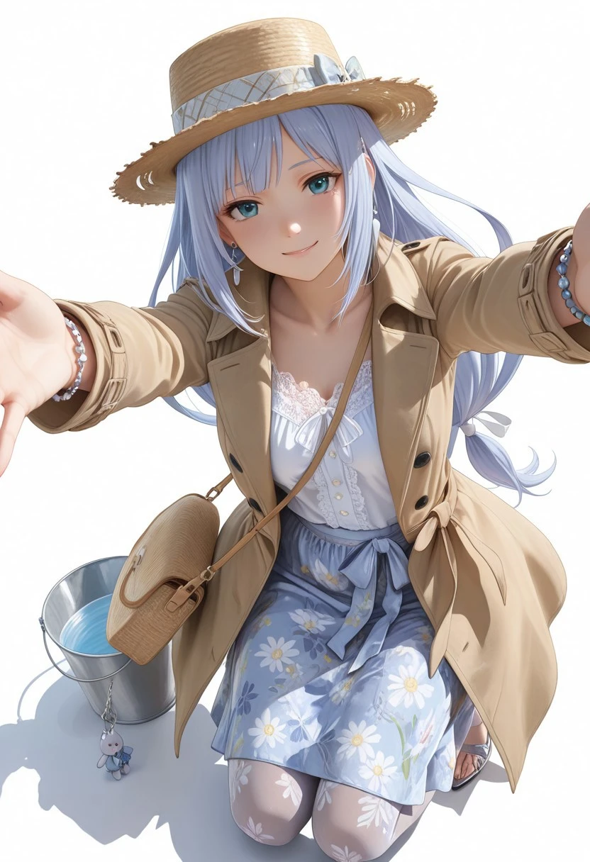 masterpiece, ultra-HD, game_cg,high detail, white background, (dramatic lighting),best quality, very aesthetic,8k,2.5D,absurdres, explicit,BREAK,
1 gril,Shiraishi Tsumugi,blue eyes,low-tied long hair,kneeling ,outstretched_arms ,kind smile ,from_above ,dynamic_angle ,from_side
BREAK,
white blouse, floral print wrap skirt, nude glossy pantyhose (15D), trench coat, pointed toe heels, silver drop earrings, bucket bag, straw boater hat, charm bracelet