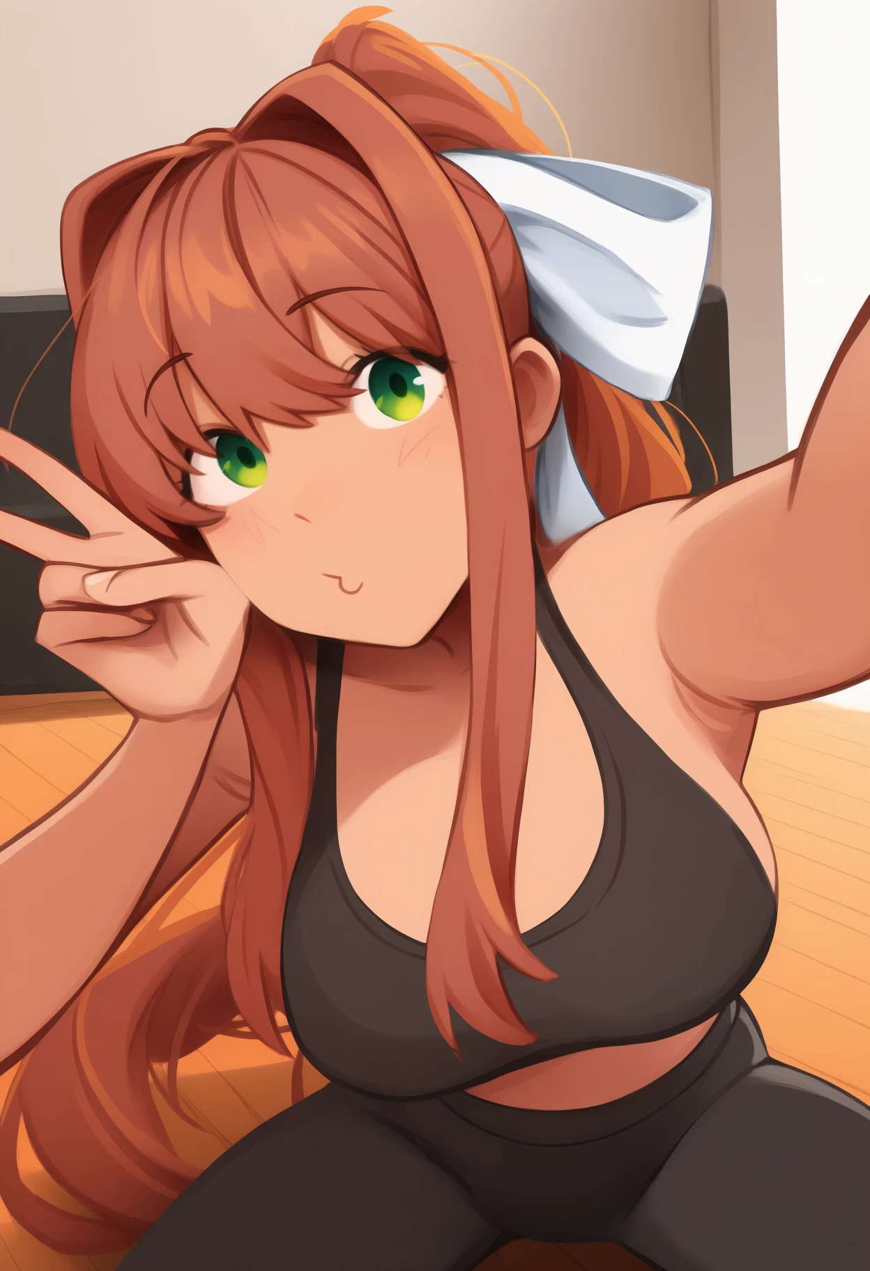 newest, solo, 1girl, m0n1k4, o3o, looking at viewer, selfie, outstretched arm, v, green eyes, very long hair, brown hair, hair intakes, long sidelocks, ponytail, hair bow, white bow, hair ribbon, white ribbon, black sports bra, black pants, yoga pants, tight pants, large breasts, indoors, gym
<segment:yolo-Anzhc Face seg 640 v3 y11n.pt,0.5,0.5//cid=11>