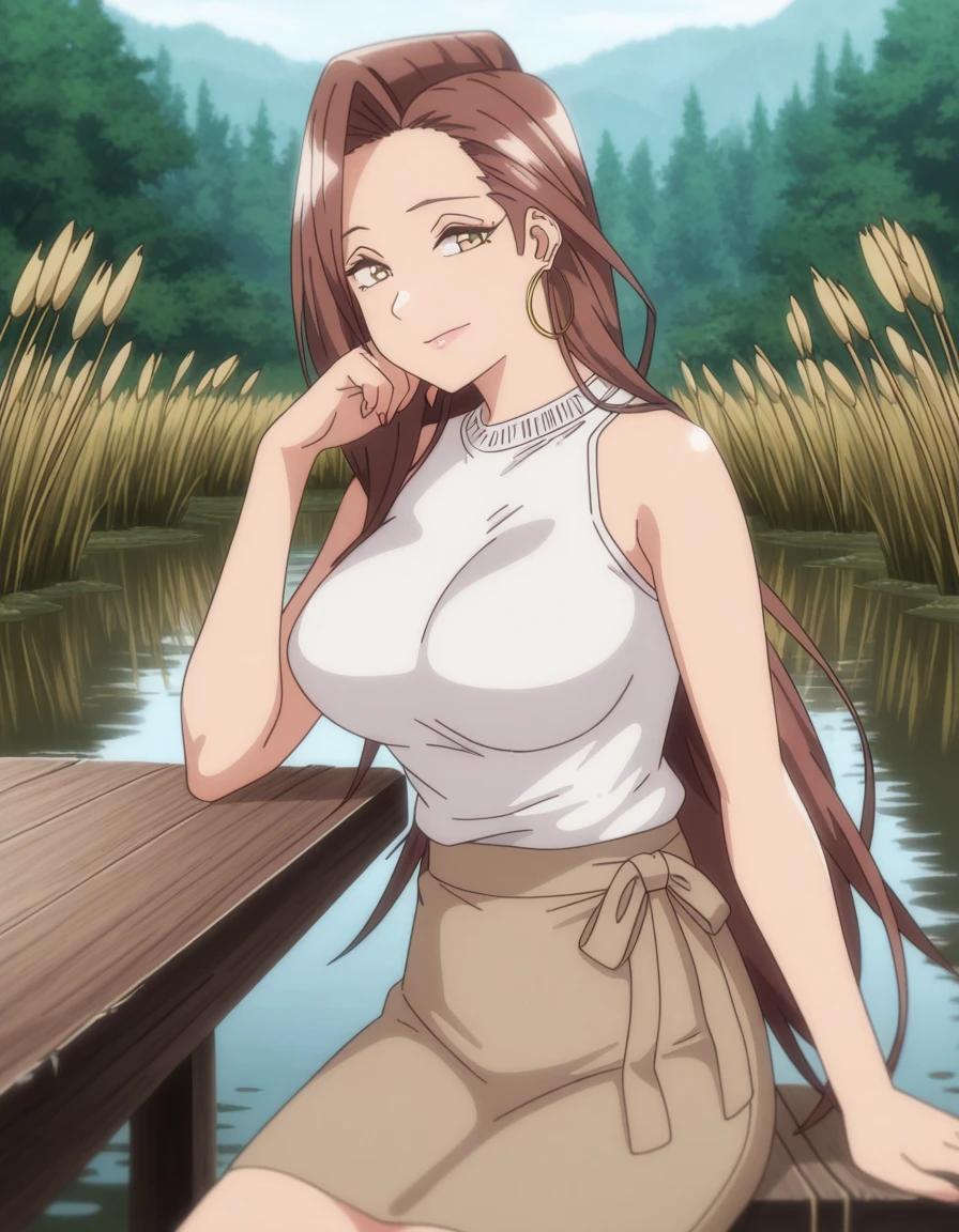 masterpiece, best quality, amazing quality,, <lora:risa-hamazaki-ova-illustriousxl-lora-nochekaiser:1>, risa hamazaki, long hair, brown eyes, brown hair, mature female, large breasts, anime screencap, skirt, shirt, jewelry, white shirt, earrings, sleeveless, brown skirt, hoop earrings,, sitting, elbow rest, table,, wetland, water, reeds, swamp, wildlife, cowboy shot, solo, looking at viewer,