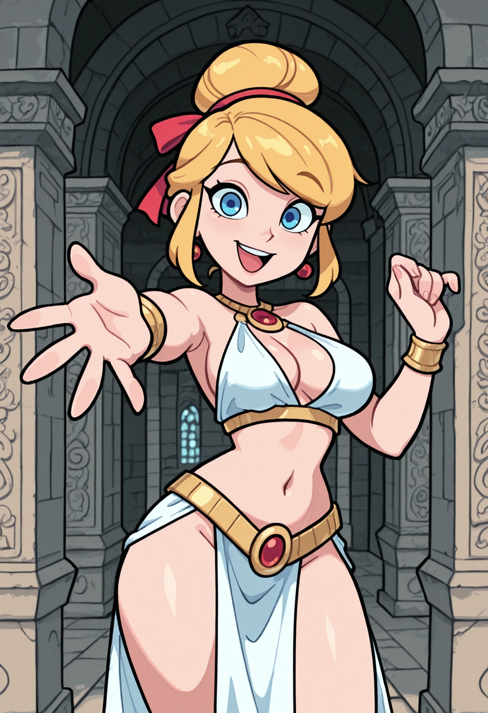 Masterpiece, best quality, inside, fantasy shrine, european architecture, stonework, ancient temple, ornate marble, wall patterns, 1girl, single hair bun, blonde hair, swept bangs, hair ribbon, harem outfit, white breast curtain, white pelvic curtain, gold belt, jewelry, navel,sideboob, cleavage, medium breasts, blue eyes, detailed eyes, looking at viewer, smile, open mouth, reaching out, toon