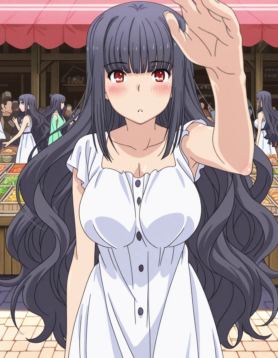 masterpiece, best quality, amazing quality,, <lora:raika-oda-s1-illustriousxl-lora-nochekaiser:1>, raika oda, long hair, black hair, red eyes, mature female, , anime screencap, dress, collarbone, white dress, sundress,, <lora:incoming-headpat-illustriousxl-lora-nochekaiser:1>, incoming headpat, headpat, pov, outstretched arm, reaching, reaching towards viewer, looking at viewer, parted lips, blush, cowboy shot, market, stalls, people, food, trade, cowboy shot, solo, looking at viewer,