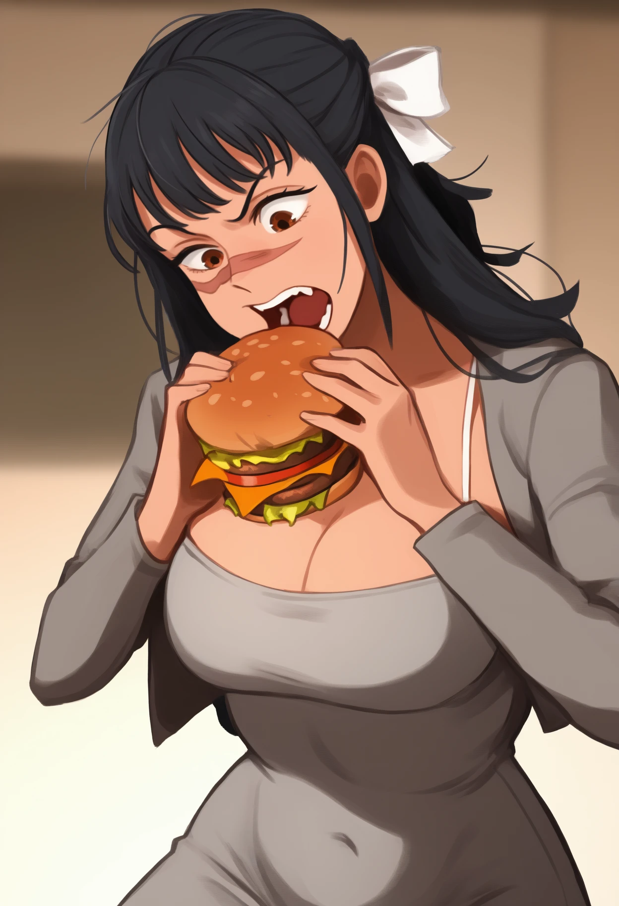 newest, solo, 1girl, utah1mecurr, scar on face, scar on nose, open mouth, teeth, looking at food, holding food, burger, long hair, black hair, half updo, hair bow, white bow, brown eyes, grey jacket, cropped jacket, open jacket, long sleeves, long dress, grey dress, pencil dress, taut dress, spaghetti strap, covered navel, cleavage, blurry background
<segment:yolo-Anzhc Face seg 640 v3 y11n.pt,0.5,0.5//cid=11>