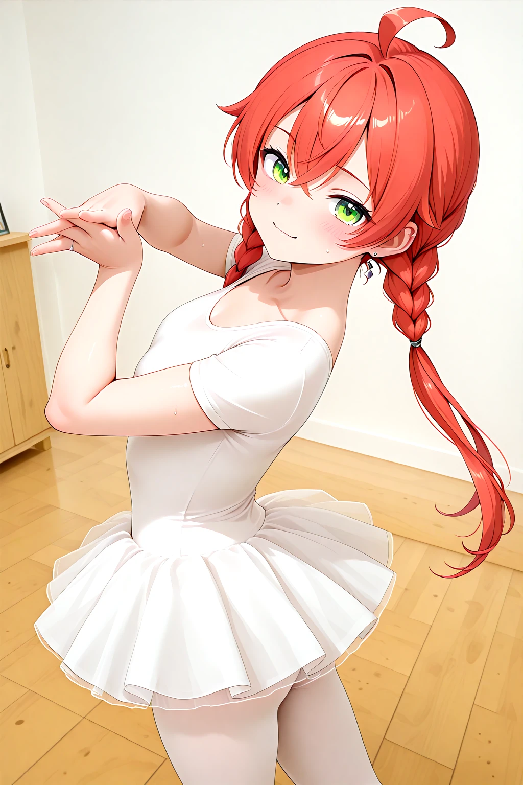 masterpiece, best quality, amazing quality, 1girl, solo, makeup, general, cowboy shot, looking at viewer, blush, dramatic angle, smile, sweat, practice room, practice, standing on one leg, indoors, ballet pose, dancing, jumping, from side, <lora:kp_ShishidoAkariNijisanjiIllustrious_v1_0:0.6>, SA1stHairstyle, SA1stCostume, red hair, low twin braids, green eyes, eyelashes, ahoge, <lora:Ballerina_Outfit:1.1>, Ballerina_Outfit, white dress, white pantyhose, white leotard, ballerina, ballet, white tutu, short sleeves, ballet slippers, jewelry, earrings, skirt, white footwear, footwear ribbon, ring, collarbone, <lora:wai-A3-V140:1>, <lora:illustrious_noobai_epsilon_pred_1_masterpieces_v1:1>