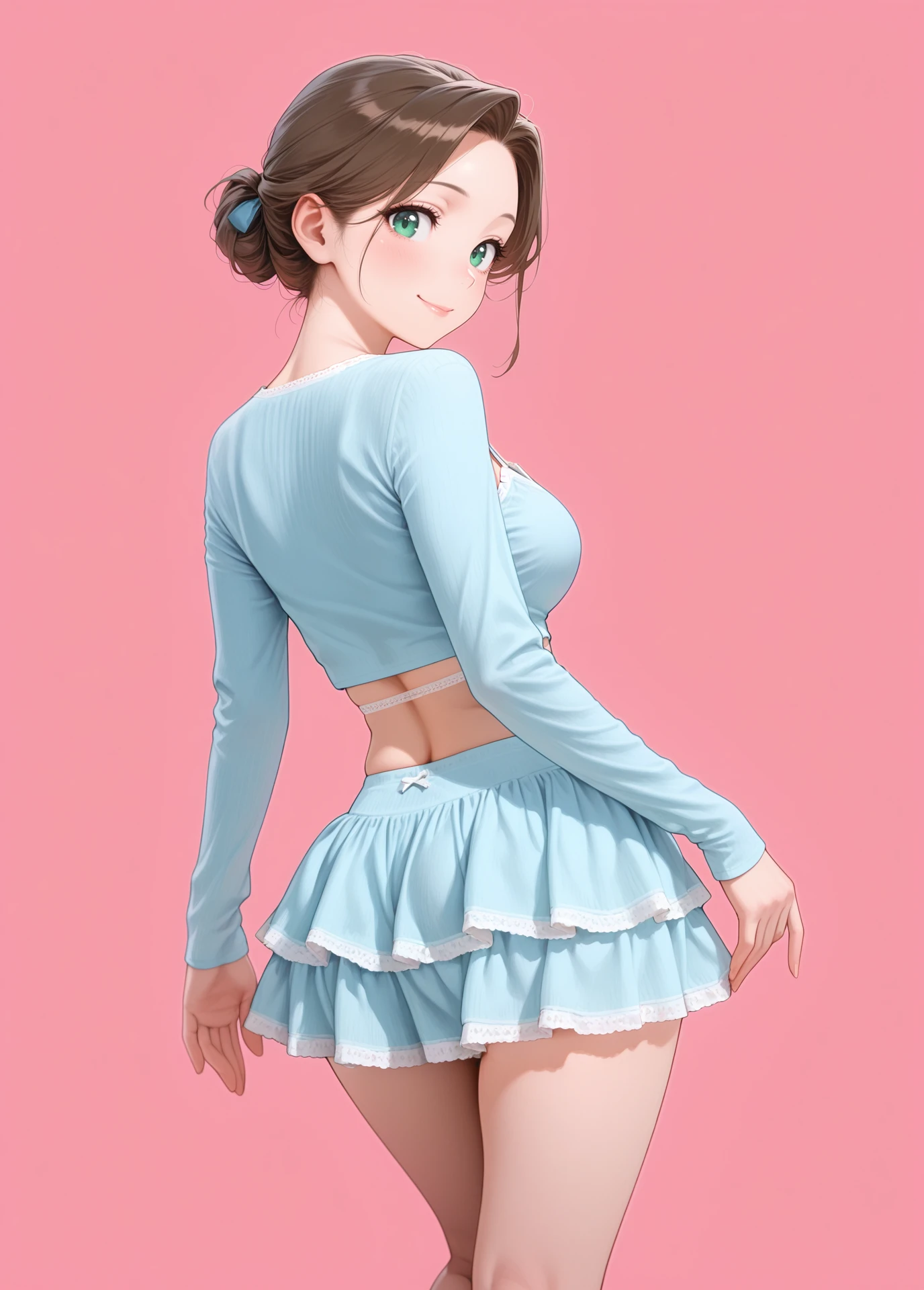 IllusP0s, 1girl, solo, simple background, pink background,
standing, cowboy shot, , looking back, contrapposto,
smile, Romantic Updo with Loose Curls, brown hair, blue eyes, mature female, ,
<lora:ballerinabliss-04:0.8> crop top, camisole, ruffled skirt, blue shirt, blue skirt,