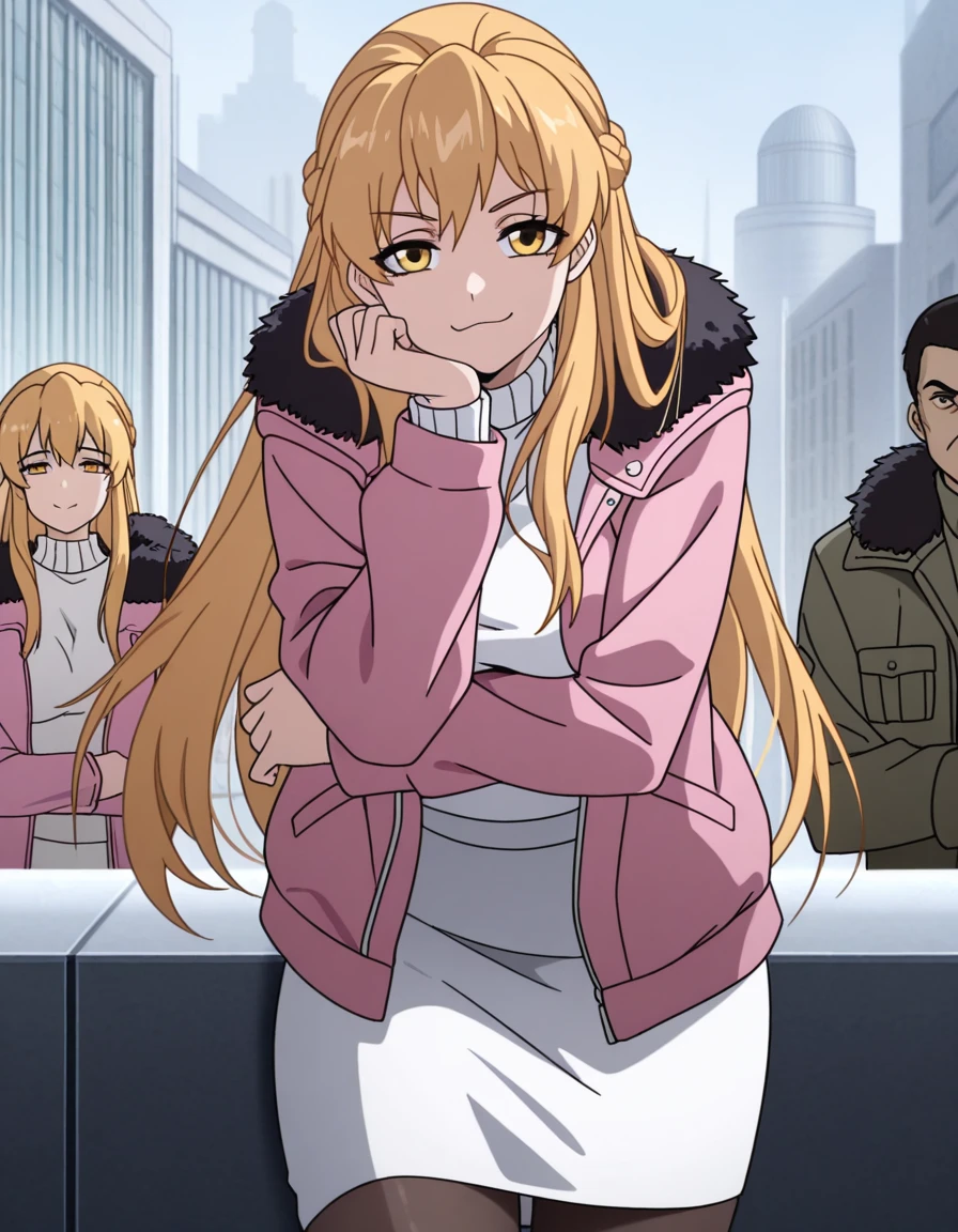 masterpiece, best quality, amazing quality,, <lora:su-mucheng-s1-illustriousxl-lora-nochekaiser:1>, su mucheng, long hair, blonde hair, yellow eyes, braids, hair braid, mature female, medium breasts, anime screencap, sweater, jacket, fur trim, fur-trimmed jacket, pink jacket, pantyhose, skirt, white sweater, white skirt,, head rest, smug, military base, soldiers, secure, buildings, training, cowboy shot, solo, looking at viewer,