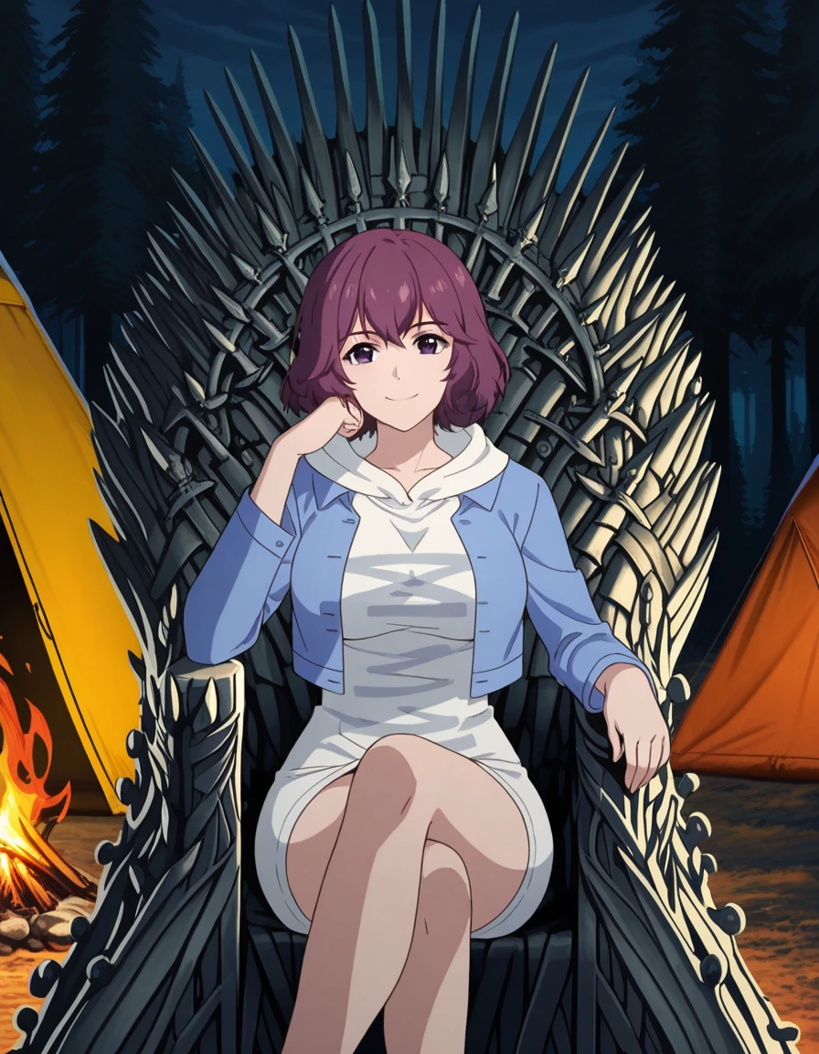masterpiece, best quality, amazing quality,, <lora:tang-rou-s1-illustriousxl-lora-nochekaiser:1>, tang rou, short hair, purple eyes, purple hair, mature female, medium breasts, anime screencap, jacket, hood, hoodie, blue jacket, dress,, <lora:iron-throne-illustriousxl-lora-nochekaiser:1>, iron throne, sitting, looking at viewer, sword, throne, sitting on throne, smile, elbow rest, crossed legs, camping, bonfire, tent, stargazing, marshmallows, forest clearing, night, cowboy shot, solo, looking at viewer,