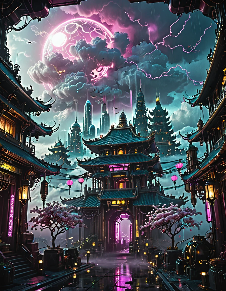 <lora:CWMinis_ST2xl:1>  cwmst, absurdres, insanely detailed, steampunk, vegetation, A15, Kolors, fluidicity, mod,, E09, sun shades though clouds, sunlight, lightnings, atmospheric, dramatic lighting, ethereal, soft gradients, tranquil, majestic, natural light, cloudscape, warm glow, angel statue, insanely detailed, cyberpunk asian temple, neons, cherry blossom, steampunk cityscape, entrance neon, illuminated, glowing entrance, wet, flowers, wires, steampunk lanterns, glass dome, in the clouds, above clouds, floating city, in the clouds,