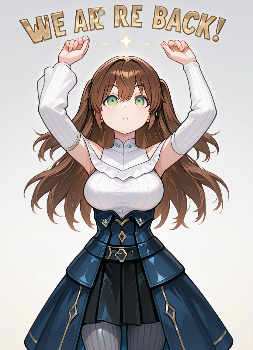 lazypos, 1girl, solo, <lora:Minuet_Mycelin_-_Hazure_Skill_Gacha:1> MINUETGACHA, green eyes, hair between eyes, brown hair, green eyes, bangs, two side up, detached sleeves, off-shoulder white blouse, blue long overskirt with silver clasps, black plated skirt, belt with metallic embellishments, large breasts, fingernails, striped grey pantyhose, <lora:We4reSoB4ck_IXL:1> We4reSoB4ck, text, gradient background, arms up, victory pose