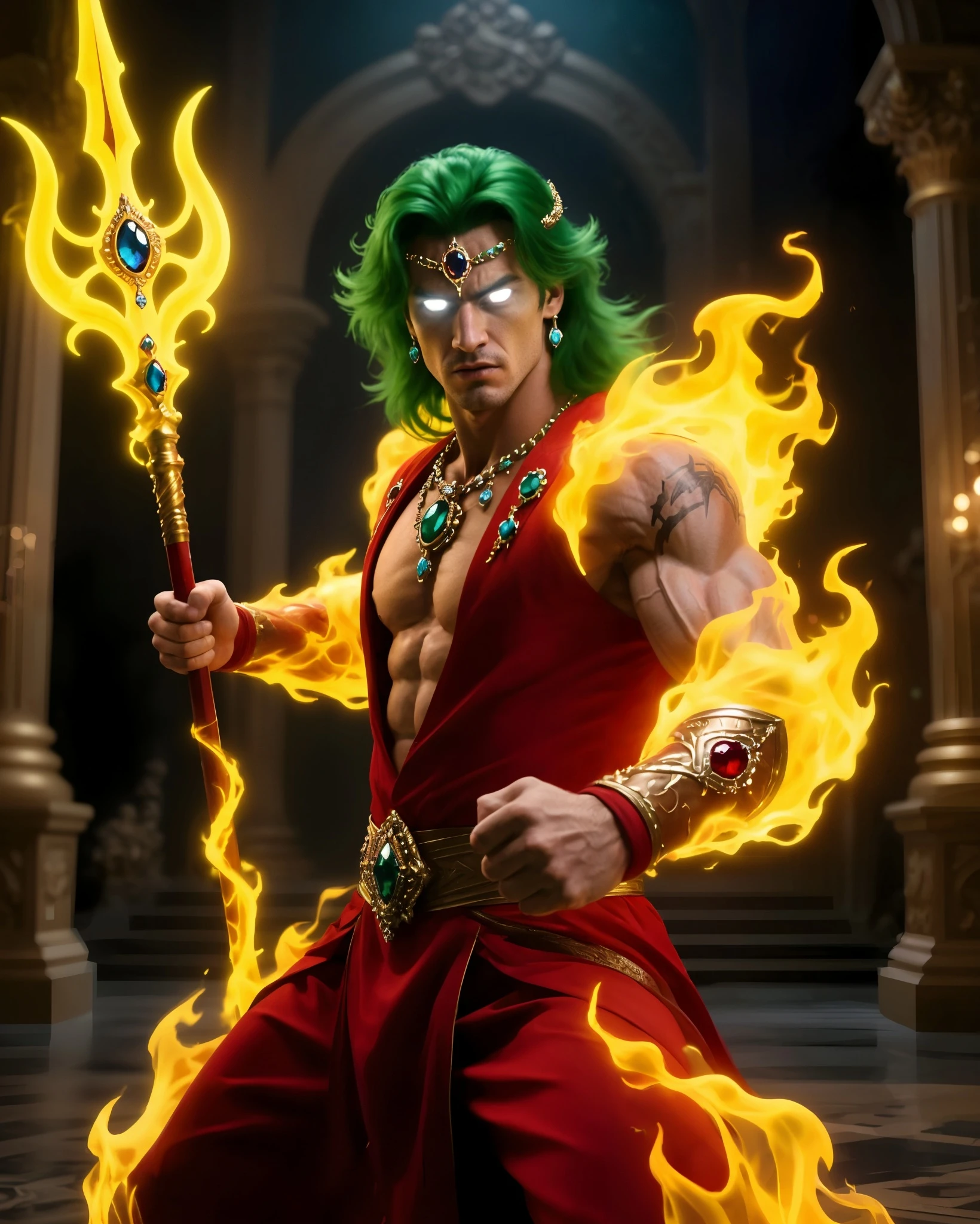 A muscular, tall man stands confidently in a grand, dimly lit architectural setting. He has vibrant green hair and glowing eyes, exuding power and intensity. Dressed in a lavish red outfit adorned with intricate gold and jewel embellishments, he wields a fiery staff. Flames swirl around his arms, enhancing his fierce aura, while ornate pillars frame the background, adding to the majestic atmosphere.