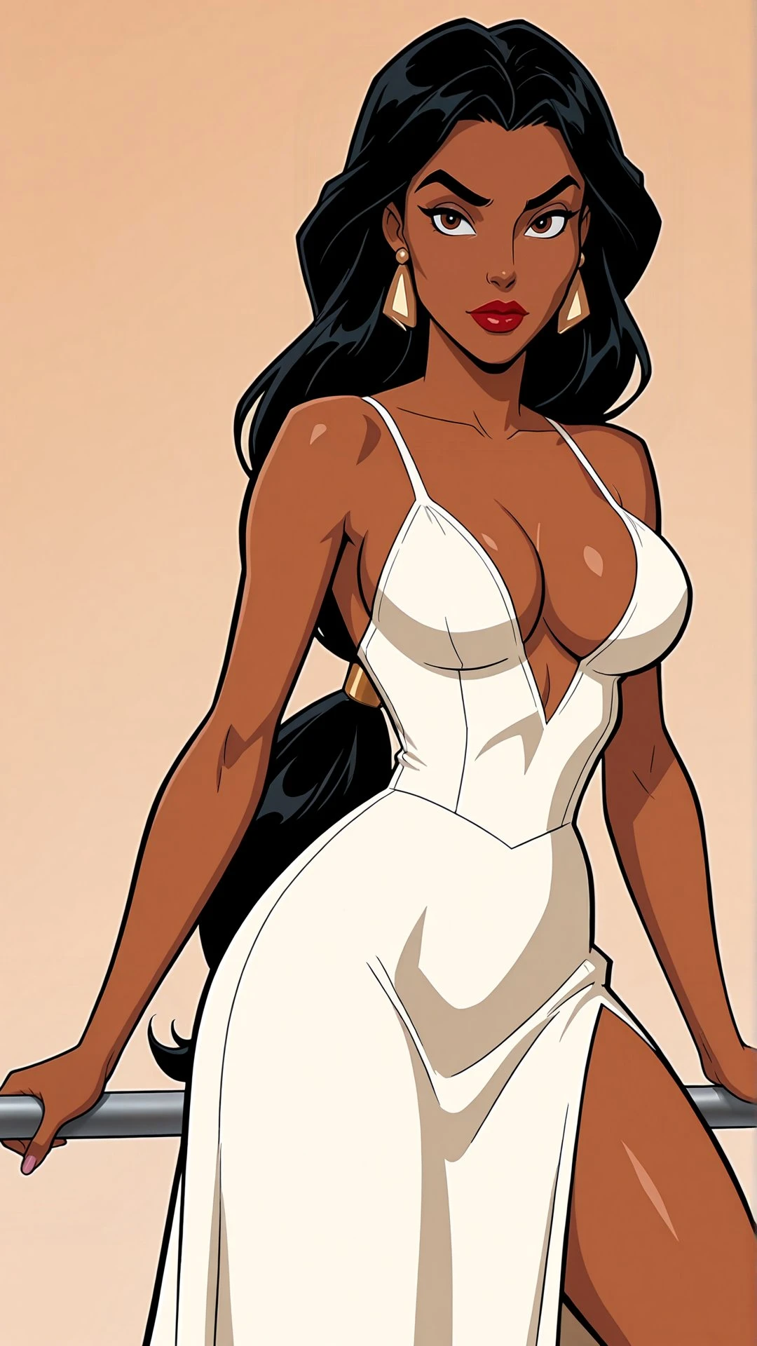 masterpiece,best quality,
simple background,<lora:Pixiqueenie:1>,<lora:aladdin-jasmine-n:0.65>,xjasminex,black hair,very long hair,brown eyes,earrings,lipstick,dark-skinned female,large breasts,cleavage,cutoff dress