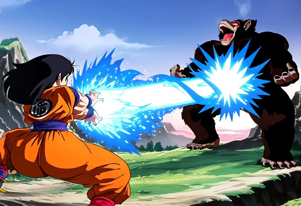 masterpiece, best quality, anime style, vibrant colors, detailed hands, expressive face), kamehaob,back view, perspective shot, 1 character in the foreground (near camera,1 girl, back view, ORANGE DOUGI, wide hips, black hair, back turned, hands cupped together at side, claw gesture, gathering glowing energy sphere), energy beam, launching a bright blue energy beam in a straight line into the distance, 1 character far away (1 monster, giant monkey, receiving impact, silhouette thrown back, open arms, surprised expression, bright explosion effects at collision).
