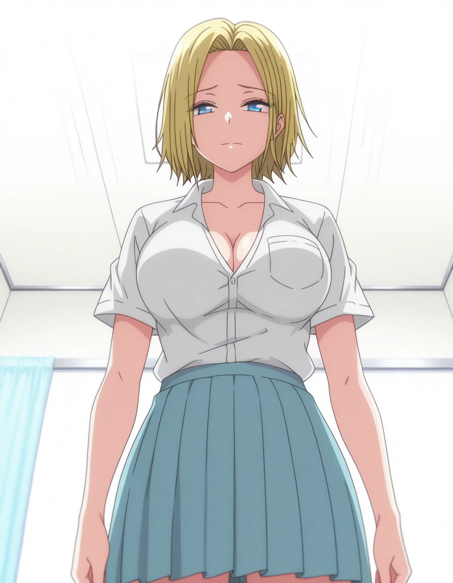 masterpiece, best quality, amazing quality,, <lora:reina-hamazaki-ova-illustriousxl-lora-nochekaiser:1>, reina hamazaki, short hair, blue eyes, mature female, large breasts, anime screencap, shirt, white shirt, collared shirt, short sleeves, collarbone, cleavage, skirt, pleated skirt, blue skirt,, from below, hospital room, bedside, get well flowers, comforting, quiet, cowboy shot, solo, looking at viewer, <lora:transparent-background-illustriousxl-lora-nochekaiser:1>, transparent background, simple background, white background