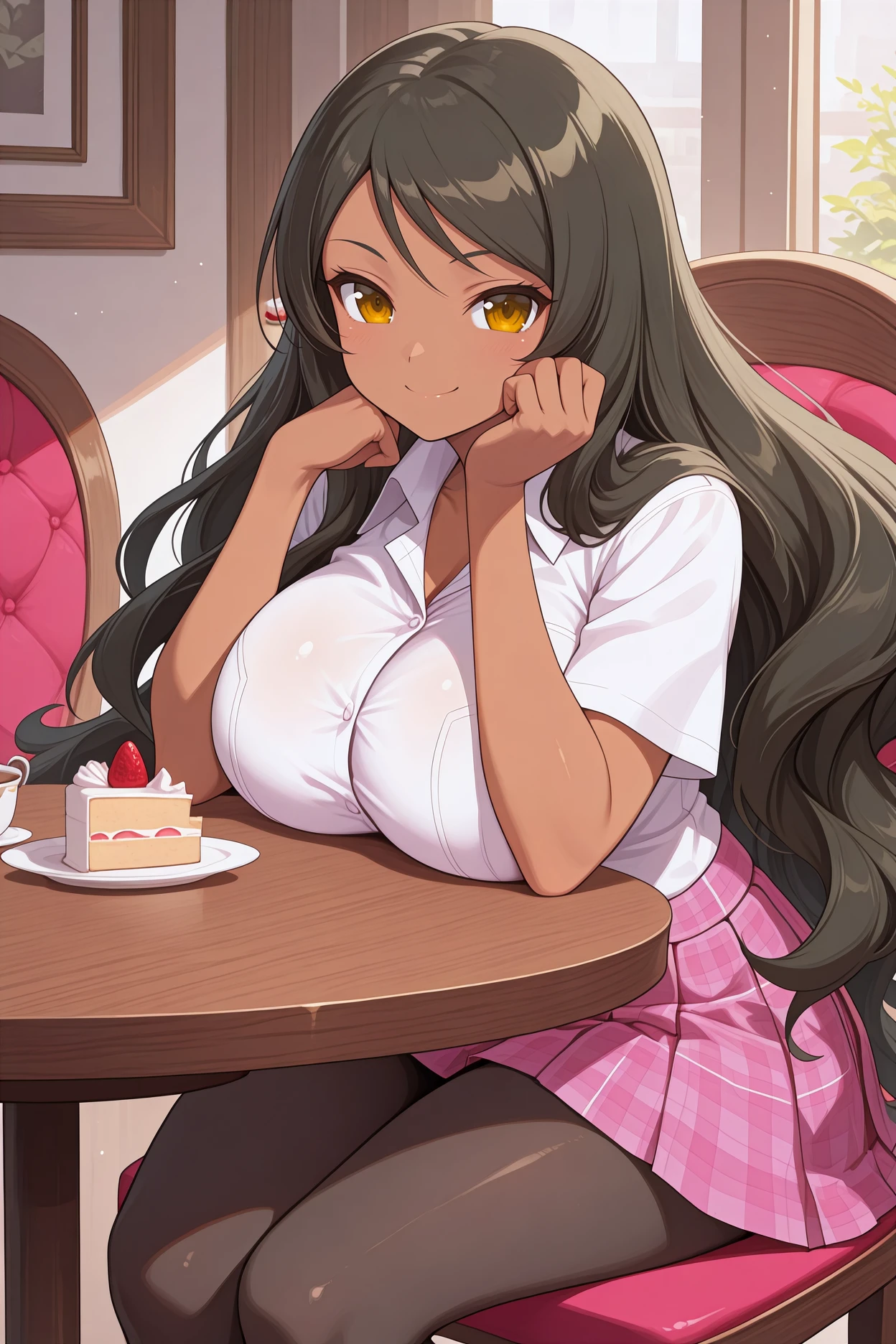 masterpiece, best quality, 1girl, solo, <lora:skageha-illu-nvwls-v1-000006:1> kgaha, dark-skinned female, black hair, very long hair, wavy hair, amber eyes, big breasts, white shirt, collared shirt, short sleeves, pink skirt, pleated skirt, plaid skirt, pantyhose, sitting, table, chair, cake, head rest, smile, looking at viewer, cafe