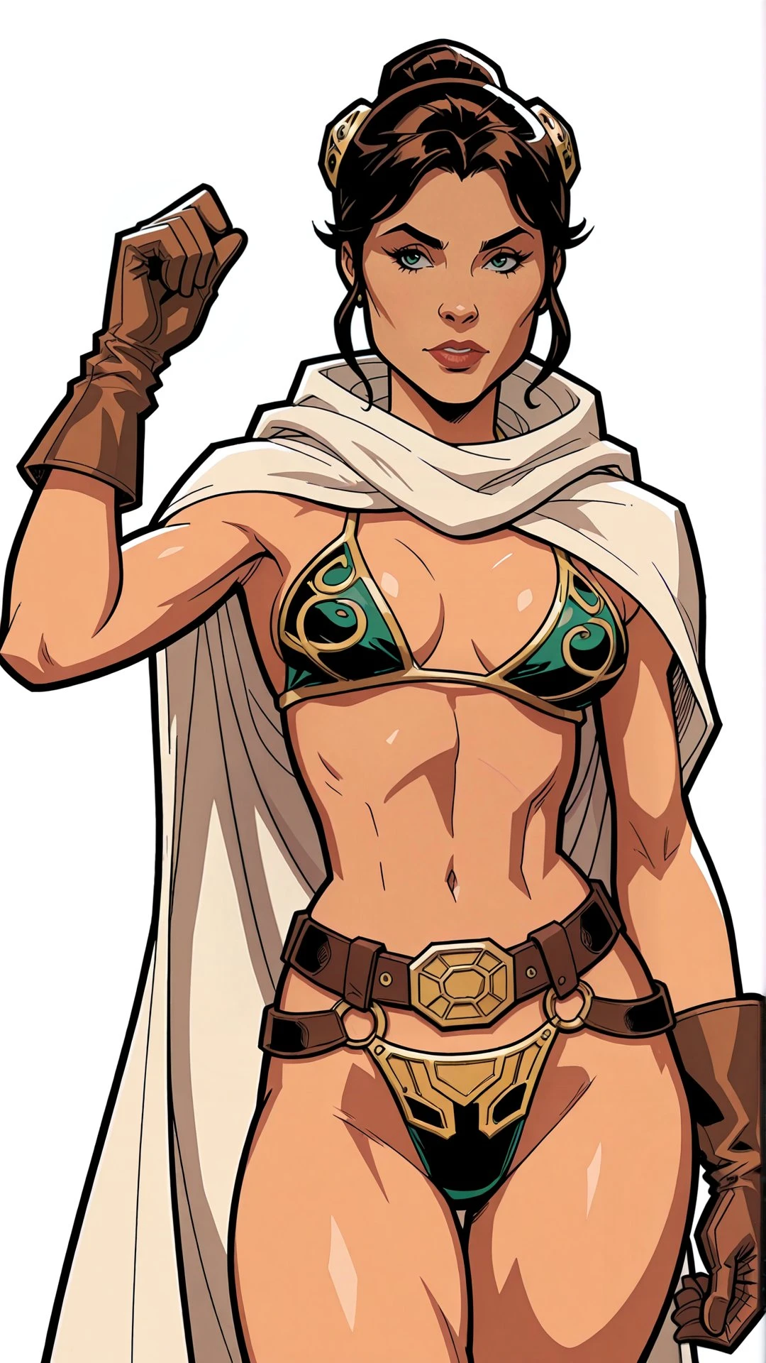 masterpiece,best quality,
simple background,<lora:Pixiqueenie:1>,swleia,hair bun,sidelocks,gloves,belt,cloak,bikini armor,<lora:LeiaComicIllus:1>