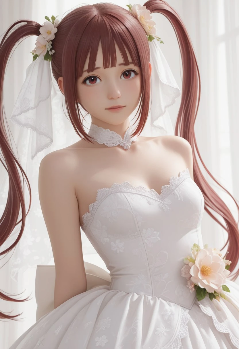 Smooth_Quality, very aesthetic, realistic,2.5D,absurdres, explicit
,BREAK,
1 gril,solo,Matsuda Arisa,twintails,
white wedding dress with lace and floral patterns,
,BREAK,