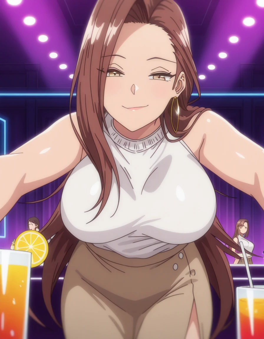 masterpiece, best quality, amazing quality,, <lora:risa-hamazaki-ova-illustriousxl-lora-nochekaiser:1>, risa hamazaki, long hair, brown eyes, brown hair, mature female, large breasts, anime screencap, skirt, shirt, jewelry, white shirt, earrings, sleeveless, brown skirt, hoop earrings,, bent over, smug,, nightclub, lights, music, dance, drinks, cowboy shot, solo, looking at viewer,