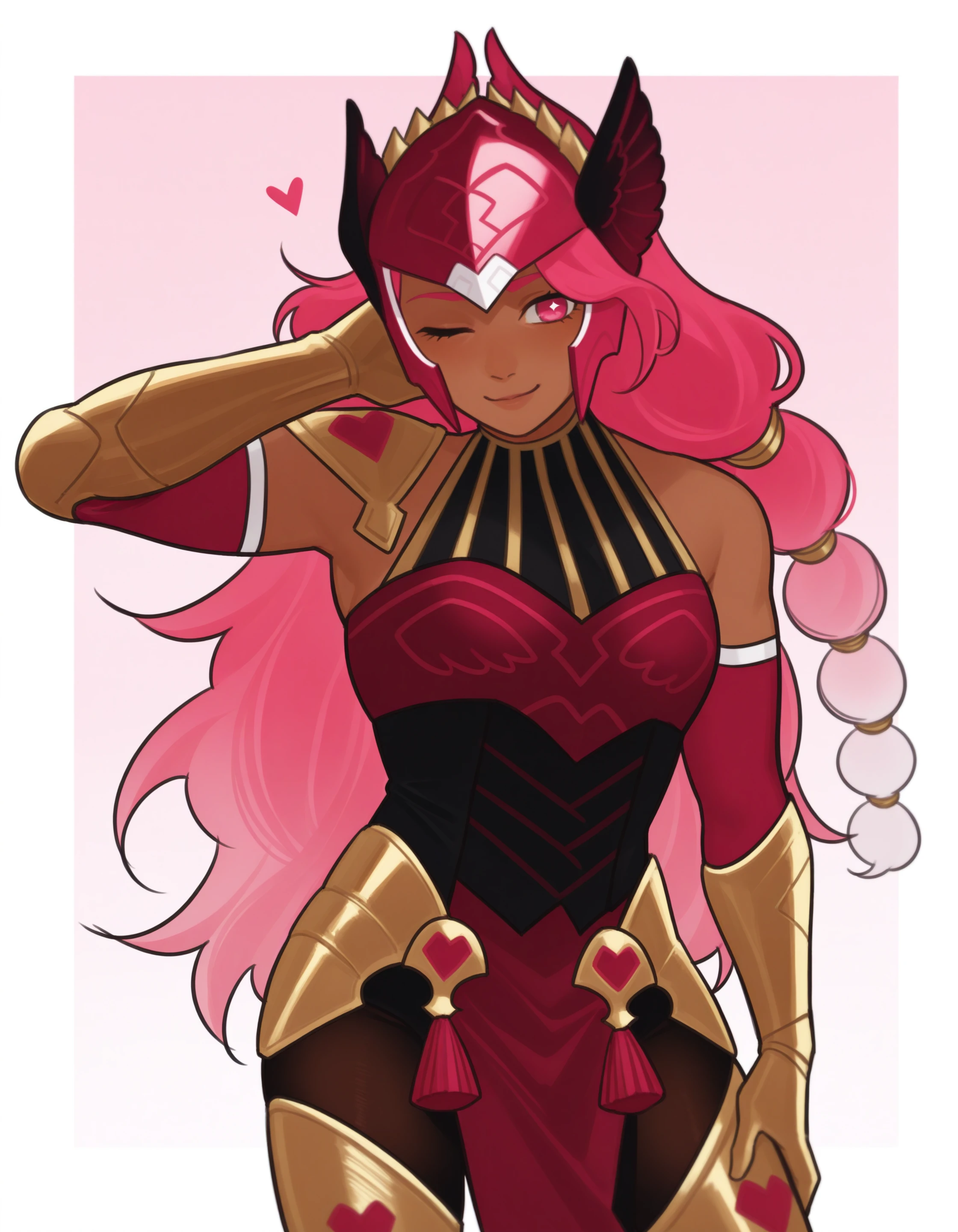 k00s, sara \(kurome1127\), light pink background, cowboy shot, outside border, pinup, smile, one eye closed, <break> hbcrkaegis, elbow gloves, gauntlets, single bare shoulder, 1girl, pink hair, pink gradient hair, loincloth, dark skin, pink eyes, long hair, multi-tied hair, half up, armor, pink helmet, leggings <break> <break> very awa, very aesthetic, masterpiece, best quality,