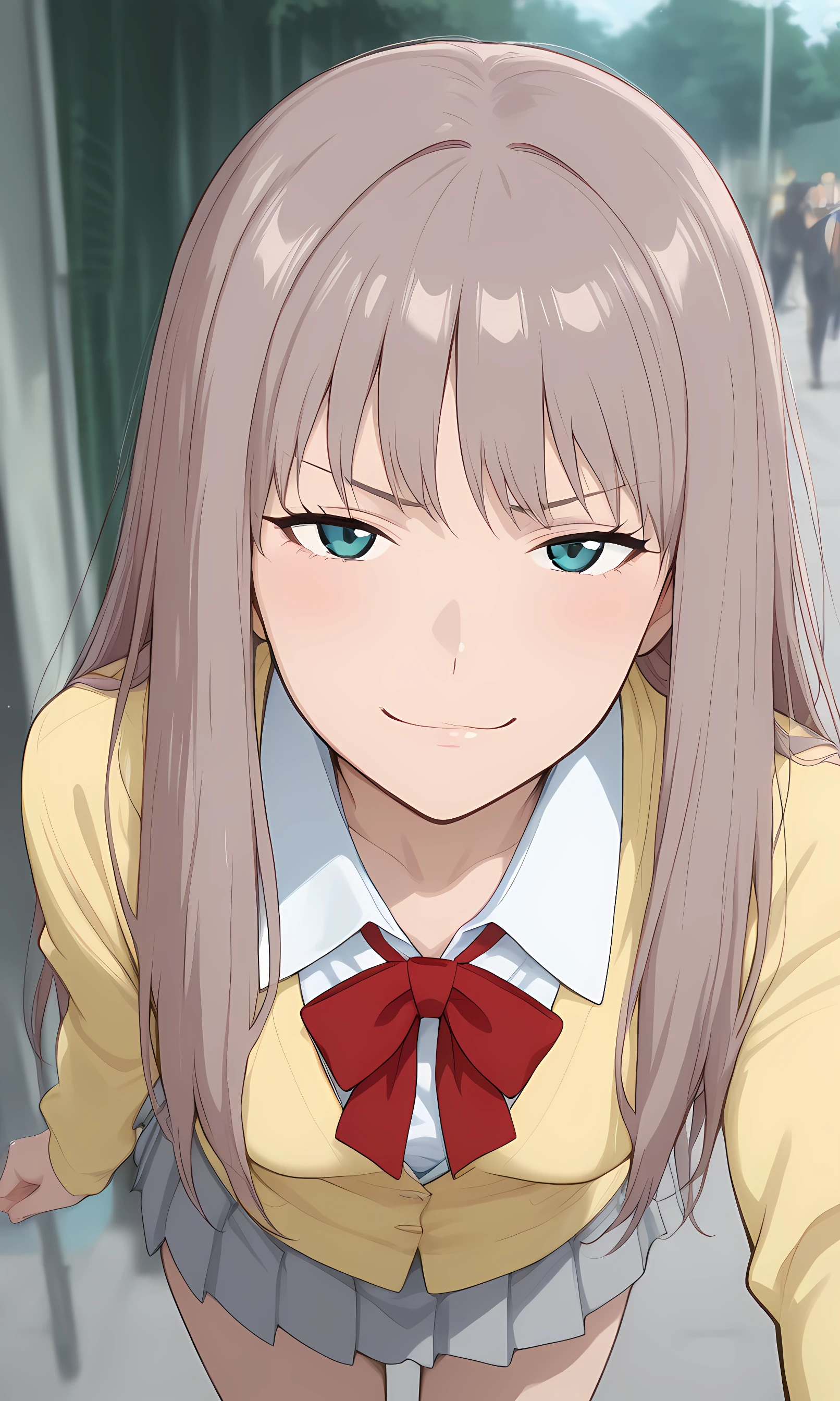 (1 girl, solo, solo focus:1.5), chikako ubukata, aqua eyes, gray hair, long hair, straight hair, bangs, small breasts, school uniform, white shirt, yellow collarless jacket, V-neck blazer, long sleeves, light gray pleated skirt, mini skirt, red bowtie, smug face, (looking at viewer:1.5), face focus, cowboy shot, outdoors