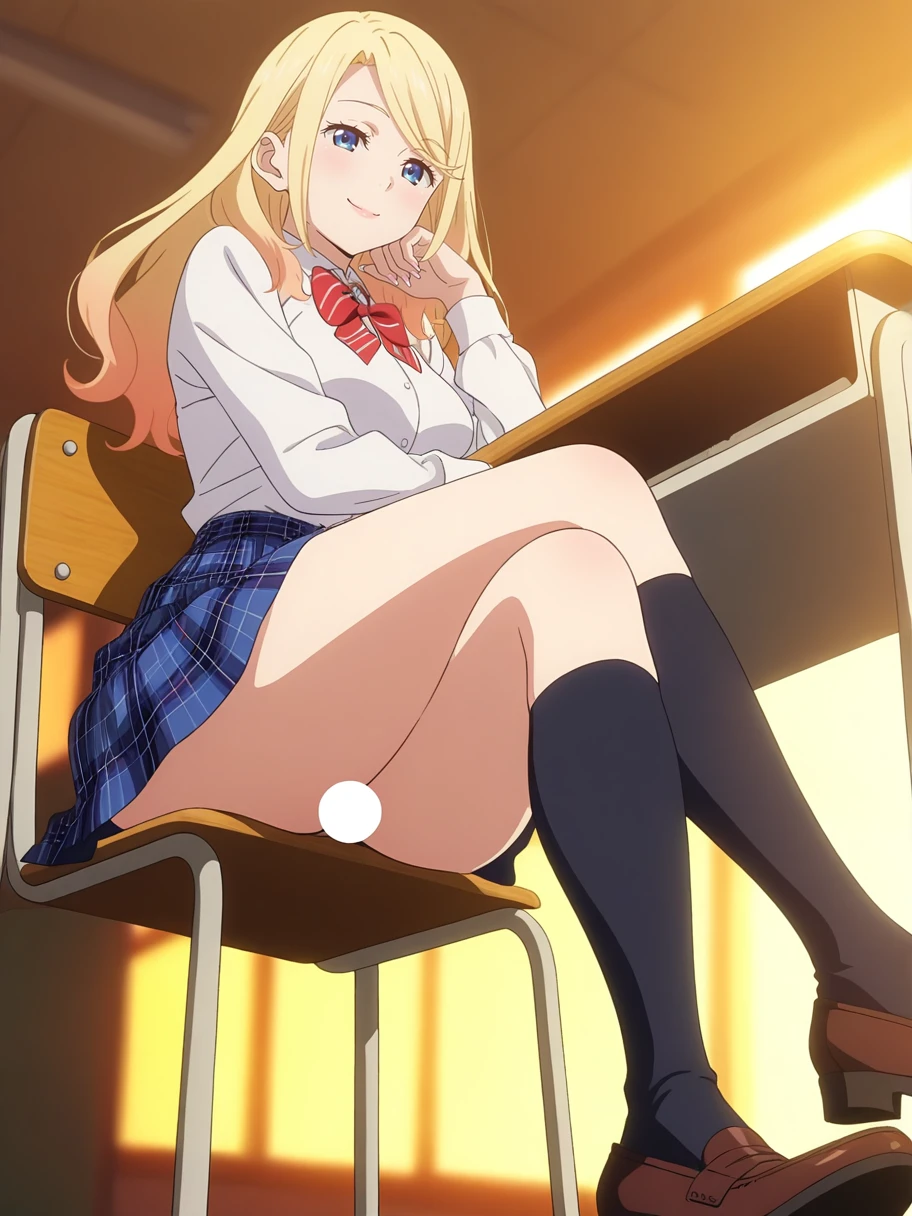 score_9, score_8_up, score_7_up, source_anime, hires image, masterpiece, best quality, BREAK, (super detailed shadows , soft ligths:1.1), (rendered details:1), blurry background, , <lora:Eufoniuzs_Anime_Screencap_illustrious_2:0.1> anime screencap, anime coloring, flat color, and aesthetic, aroused, <lora:LDSCH_v2_modified:0.6> LDSCH Style, aesthetic,
<lora:Sarah_Moririn:0.8> sarah, blonde hair, midlong hair, blue eyes, sarah nails, white shirt, bow tie, red bow tie, sleeves, skirt, plaid skirt, blue skirt, highsocks, shoes,
(perfect nails), (long nails), rio nails, big , wide , , flirty, tender,
Expressive, score_9, score_8_up, score_7_up, 1girl, solo, sitting, crossed legs, head rest, foot focus, from below, smile, (censored), dynamic lighting,
indoors, classroom, school, desk, chair,