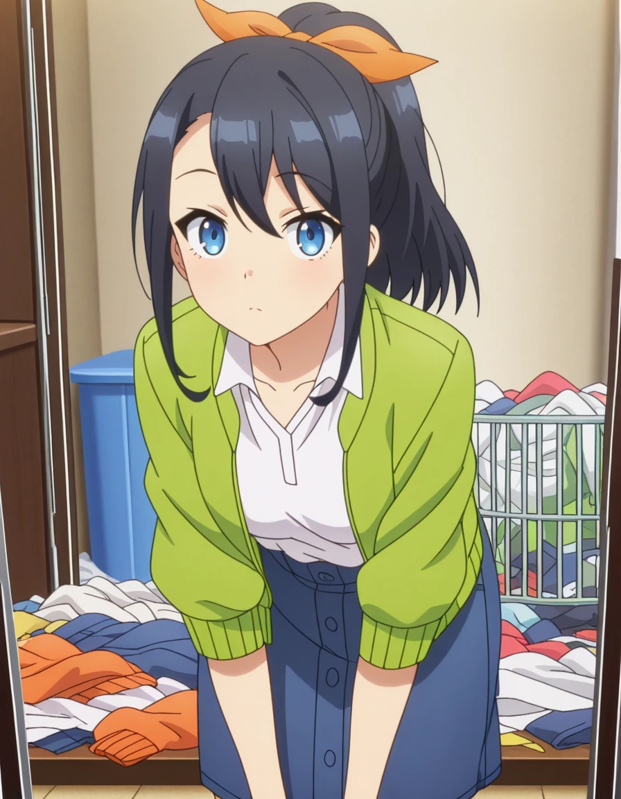 masterpiece, best quality, amazing quality,, <lora:maika-takatori-s1-illustriousxl-lora-nochekaiser:1>, maika takatori, blue eyes, black hair, ribbon, hair ribbon, ponytail, medium hair, mature female, small , anime screencap, shirt, skirt, jacket, white shirt, , collared shirt, blue skirt, denim, green jacket, leaning forward,, messy room, clutter, clothes_on_floor, disorganization, laundry, cowboy shot, solo, looking at viewer,