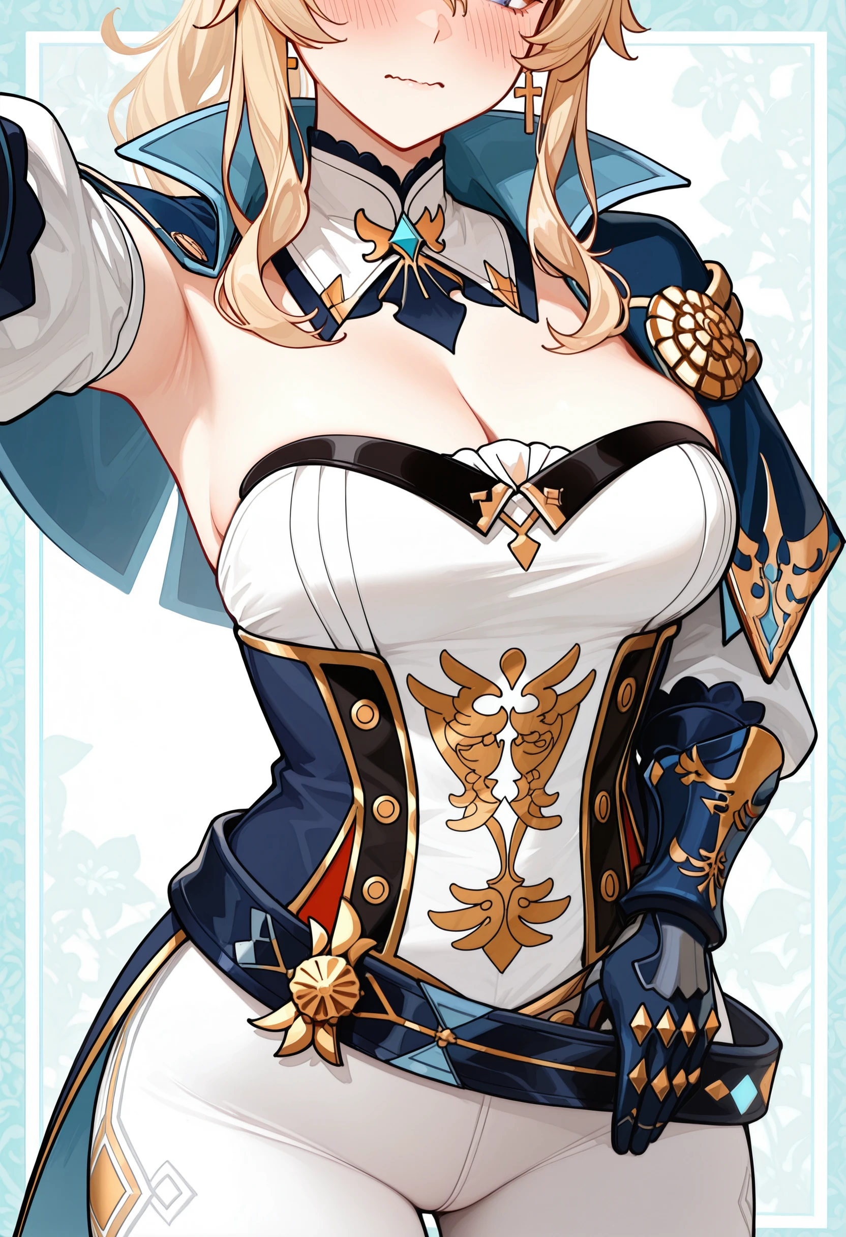 masterpiece, best quality, amazing quality, very awa,absurdres,newest,very aesthetic,depth of field, highres,
1girl,solo, jean (genshin impact), ponytail, blonde hair, hair between eyes, sidelocks, long hair, black hair bow, belt, cleavage, white pants, gauntlets, tight pants, blue capelet, corset, strapless shirt, detached sleeves, detached collar, coattails, cross earrings, face focus, (floral pring background, abstract_background:1.3), blue_border, 5_fingers, ovrzmdslfi, outstretched arm, reaching towards viewer, eyes out of frame, clothing_pull, inner_boob, wavy_mouth, panting, blush,