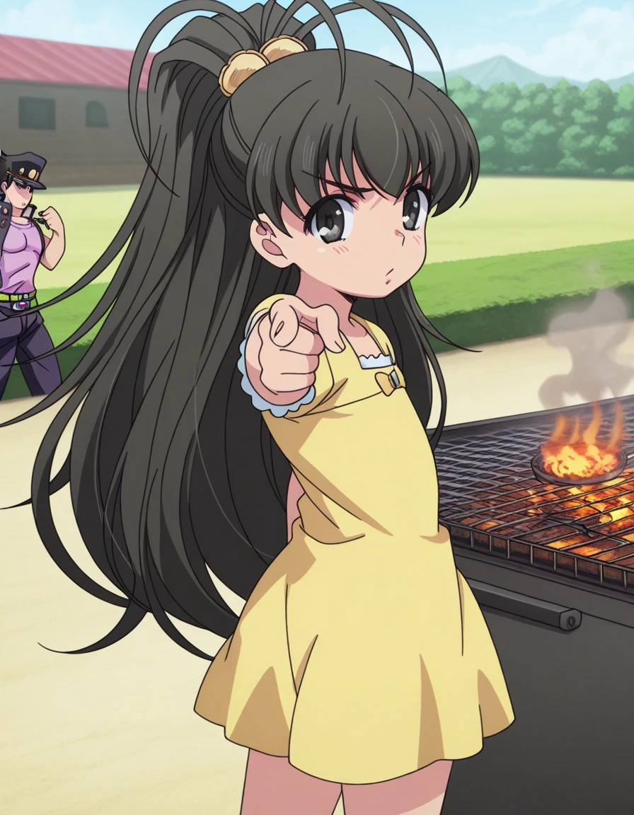masterpiece, best quality, amazing quality,, <lora:hina-takanashi-s1-illustriousxl-lora-nochekaiser:1>, hina takanashi, long hair, black hair, black eyes, ponytail, antenna hair, anime screencap, dress, yellow dress, short sleeves,, <lora:jotaro-kujo-pose-illustriousxl-lora-nochekaiser:1>, jotaro kujo pose, kujo jotaro's pose (jojo), jojo pose, pointing, pointing at viewer, cowboy shot, backyard, barbecue, grilling, laughter, summer evening, cowboy shot, solo, looking at viewer,