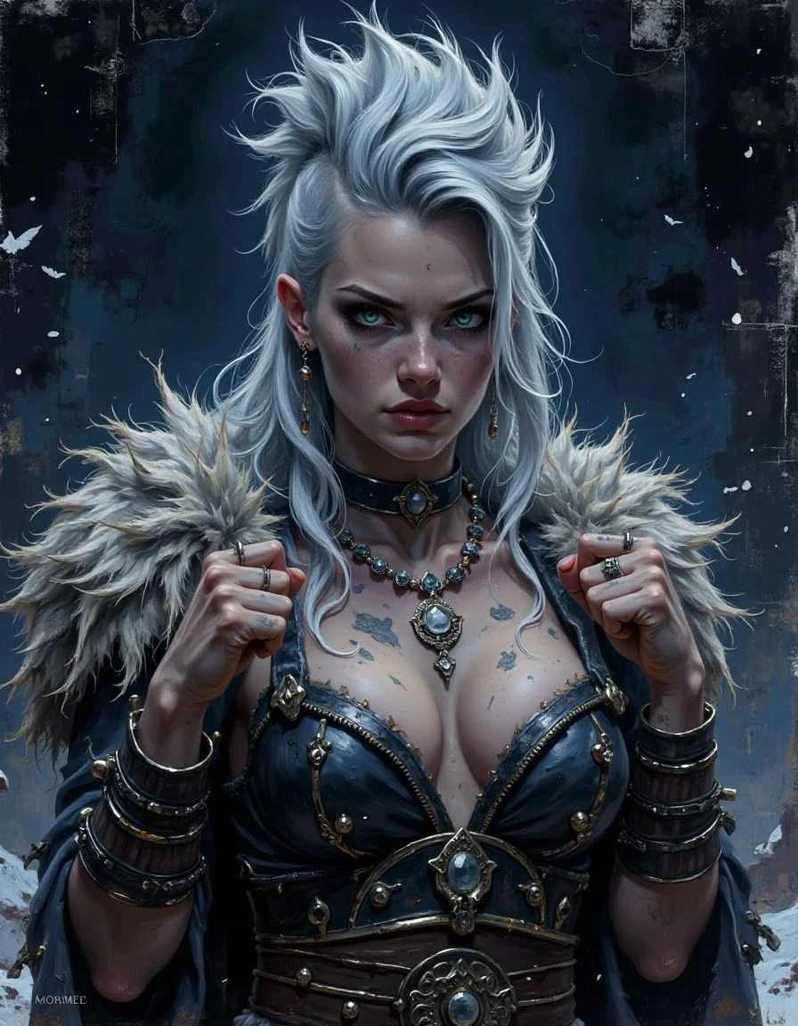 cinematic lighting, raw, high quality, 4k resolution, absurdres, dynamic lighting, high contrast, morimee_style, masterpiece, best quality, 1girl, mohawk hair, ((side of hair shaved)), asymmetrical hair, dyed white hair, viking warrior princess, jewelry, tan skin, fur clothing, fur lined, fur lined hood, asymmetrical clothing, large breasts, cleavage, breasts too big for clothing, multicolored eyes, tattoos, face tattoo, contrast, novel illustration, absurdres, ((extremely detailed outfit, outfit details)), Viking, Viking longhall, nordic, nordic themed background, night, at night, nebula in sky, stars, Fighting stance, fists up, hands up, making fists, about to punch, angry, rage, intense expression. Painted in oil, with a vivid and impasto texture, each brushstroke conveys emotion and heritage.
<lora:xtrem-impasto:1> <lora:Flux_Krea_Blaze_Lora-rank32:1>