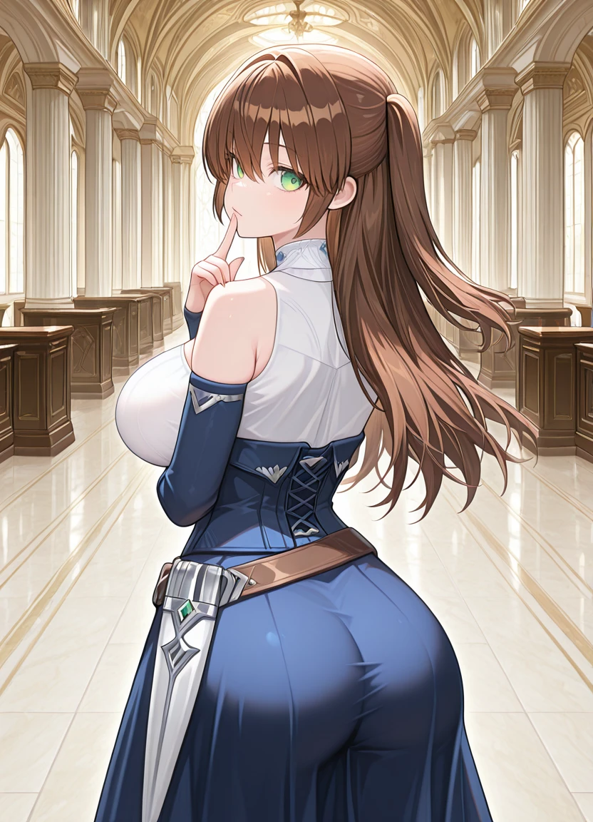 lazypos, 1girl, solo, indoors, palace interior, <lora:Minuet_Mycelin_-_Hazure_Skill_Gacha:1> MINUETGACHA, green eyes, hair between eyes, brown hair, green eyes, bangs, two side up, detached sleeves, off-shoulder white blouse, dark blue jacket with silver clasps, blue long skirt, belt with metallic embellishments, large breasts, fingernails, HDA_Do_you_want_me_XL