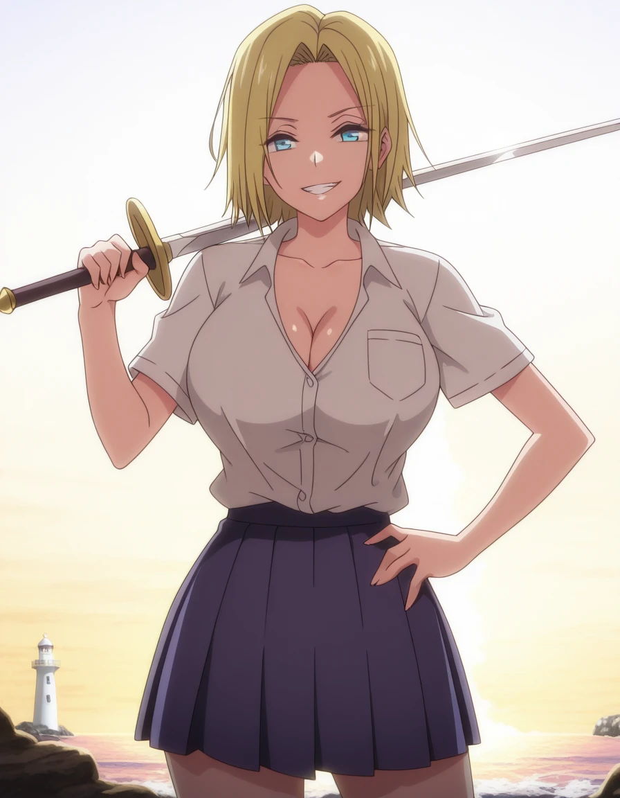 masterpiece, best quality, amazing quality,, <lora:reina-hamazaki-ova-illustriousxl-lora-nochekaiser:1>, reina hamazaki, short hair, blue eyes, mature female, large breasts, anime screencap, shirt, white shirt, collared shirt, short sleeves, collarbone, cleavage, skirt, pleated skirt, blue skirt,, <lora:sword-over-shoulder-illustriousxl-lora-nochekaiser:1>, sword over shoulder, weapon over shoulder, holding, holding sword, holding weapon, sword, hand on own hip, grin, looking at viewer,, lighthouse, light, sea, tall, guidance, cowboy shot, solo, looking at viewer,