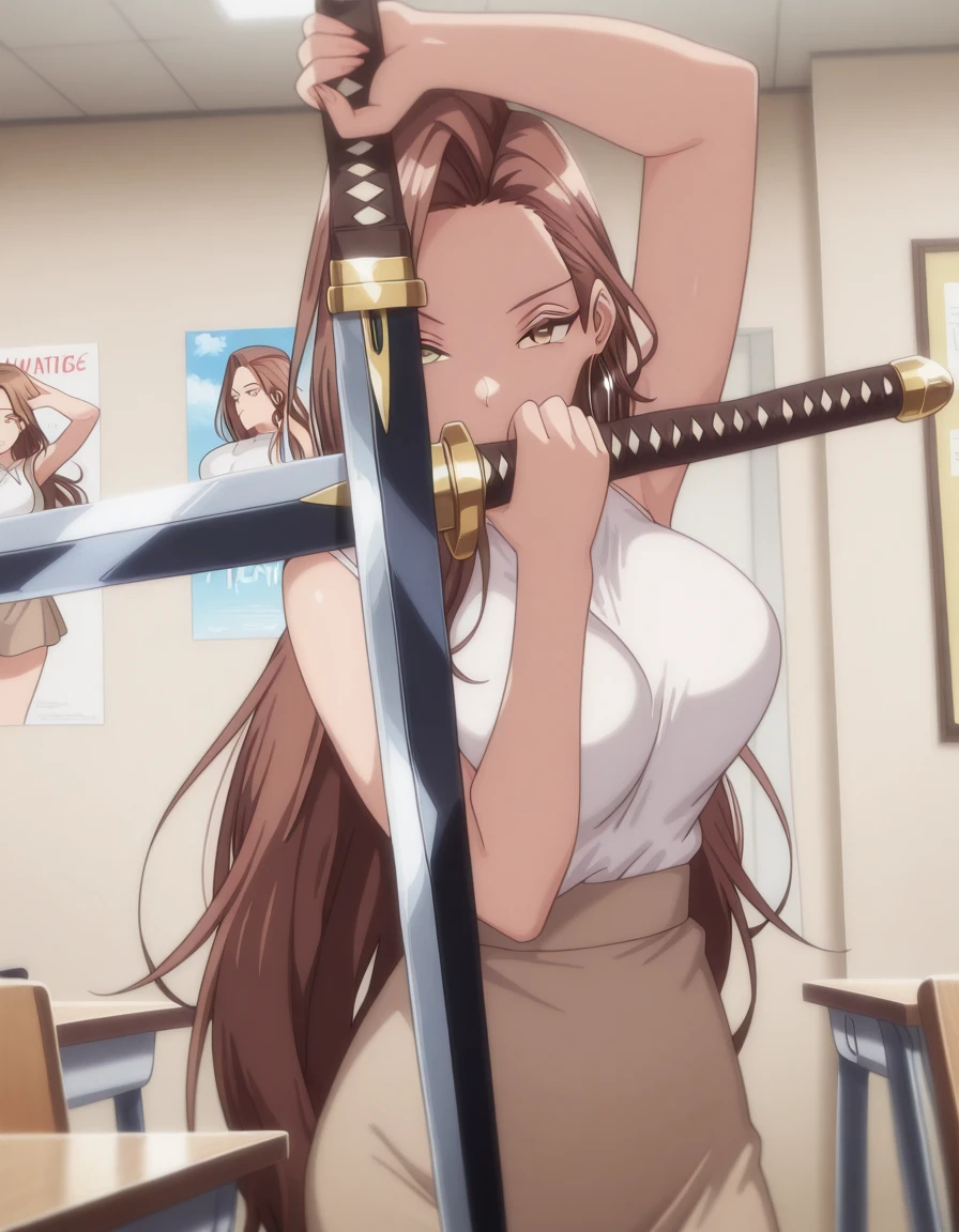 masterpiece, best quality, amazing quality,, <lora:risa-hamazaki-ova-illustriousxl-lora-nochekaiser:1>, risa hamazaki, long hair, brown eyes, brown hair, mature female, large breasts, anime screencap, skirt, shirt, jewelry, white shirt, earrings, sleeveless, brown skirt, hoop earrings,, <lora:alexander-andersons-pose-illustriousxl-lora-nochekaiser:1>, alexander anderson's pose, solo, looking at viewer, holding, weapon, sword, holding weapon, holding sword, hands up, arm up,, clubroom, posters, meeting_table, decorations, student_council, cowboy shot, solo, looking at viewer,
