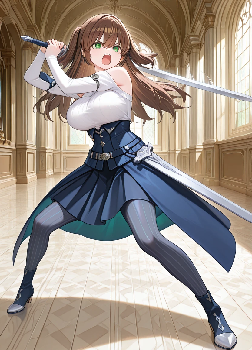lazypos, 1girl, solo, indoors, palace interior, holding sword, combat pose, shouting, swinging sword, motion lines, full body, <lora:Minuet_Mycelin_-_Hazure_Skill_Gacha:1> MINUETGACHA, green eyes, hair between eyes, brown hair, green eyes, bangs, two side up, detached sleeves, off-shoulder white blouse, blue long overskirt with silver clasps, short black plated skirt, belt with metallic embellishments, large breasts, fingernails, striped grey pantyhose,