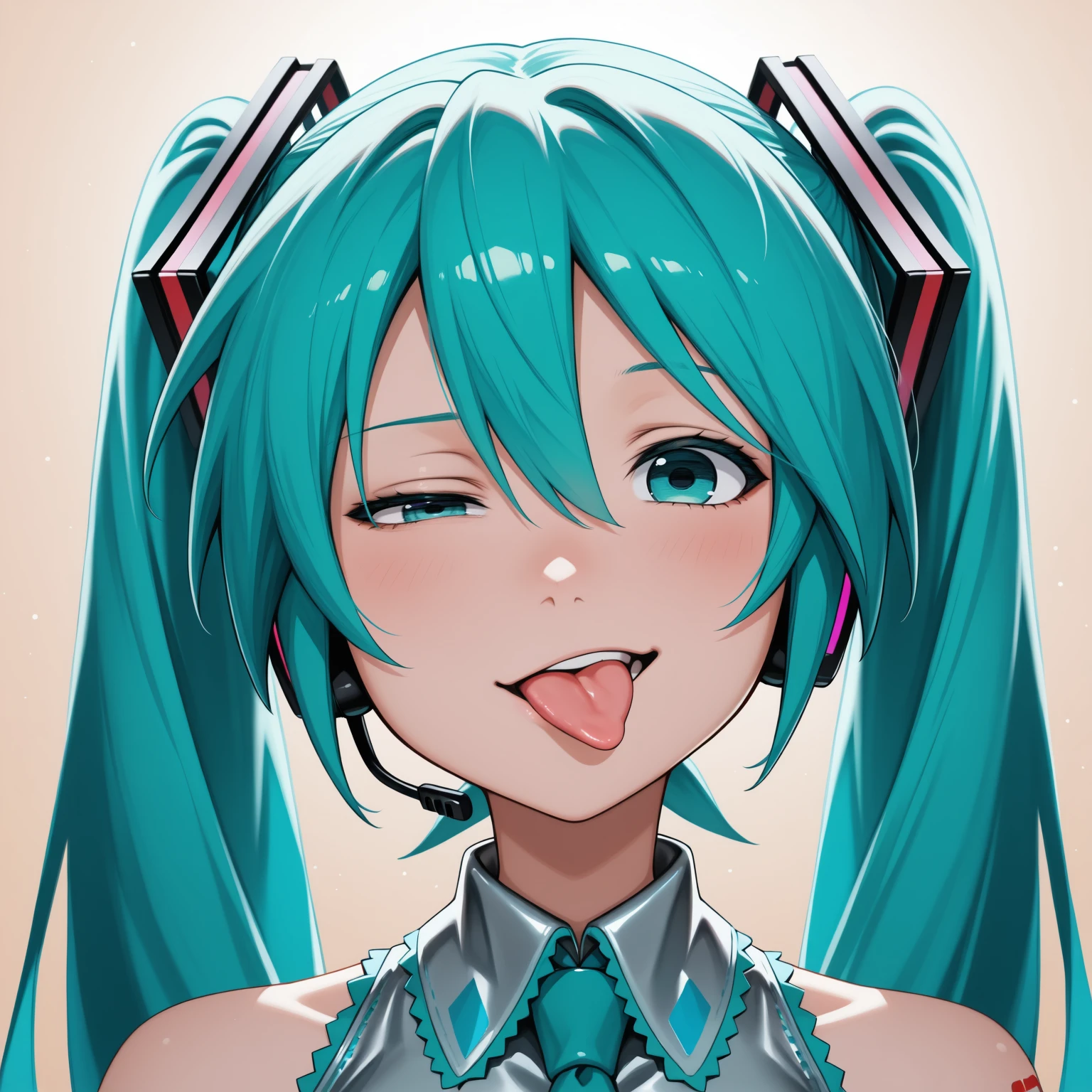 tongue out, uneven eyes, half-closed eye, looking at viewer, straight-on, hatsune miku, <lora:rigby_the_cat_(meme)-000008v3:1.25>