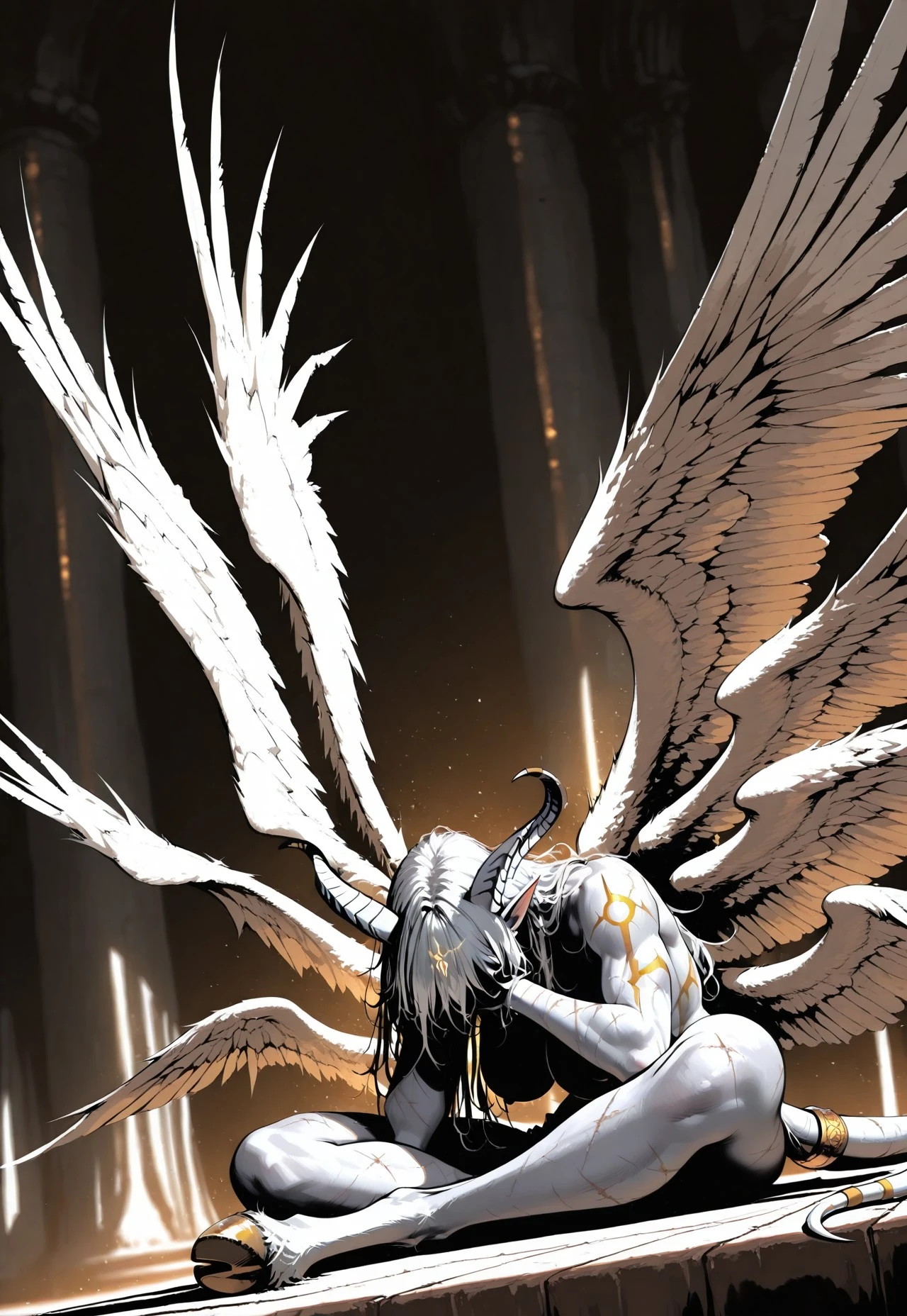 masterwork, masterpiece, best quality, detailed, depth of field, high detail, best quality, very aesthetic, 8k, depth of field, dynamic angle, adult, aged up, particle effect, high contrast shadows,
1girl, lightforged draenei, pointy ears, tall girl, mature, muscles, athletic, long tail, horns, (pale grey skin, yellow runetattoos, yellow warpaint), (white hair, long messy hair), scars, golden jewelry, big breasts, hooves, perfect lighting, volumetric lighting, (dark lighting), shadowing, (good shadowing), depth of field, scenery, cinematic lighting, cinematic, shading, (good shading), counter_shading, subsurface scattering, intricate details, illustration, perfect hands, celestial wings, ethereal shine wings, light, light refraction, (((spread wide wings, Fullscreen, multiple wings))), sitting, knees apart, head bowed, head on hands, hidden face, hair over face, shirtless), basic background, motion blur, (dutch angle:1.1), (depth of field:1.3), (blurry edges:1.5), face covored with hands, head facing down