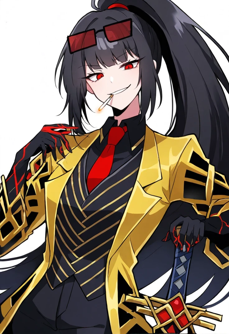 masterpiece, perfect face, beautiful face, perfect hands, beautiful hands, <lora:Ryoshu_Limbus_Illustrious_V2:1>, 1girl, solo, RyoshuLimbus, long hair, black hair, red eyes, high ponytail,  RyoshuNcorp, rectangular sunglasses, black shirt, red necktie, black vest, yellow coat, open coat, black pants, black clawed gloves, holding sword, upper body, portrait, simple white background, looking at viewer, smirk, cigarette in mouth, hand on hilt