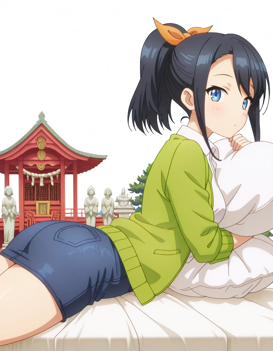 masterpiece, best quality, amazing quality,, <lora:maika-takatori-s1-illustriousxl-lora-nochekaiser:1>, maika takatori, blue eyes, black hair, ribbon, hair ribbon, ponytail, medium hair, mature female, small breasts, anime screencap, shirt, skirt, jacket, white shirt, open clothes, collared shirt, blue skirt, denim, green jacket, <lora:on-stomach-from-side-illustriousxl-lora-nochekaiser:1>, on stomach from side, on stomach, from side, on bed, pillow, pillow hug, looking at viewer, blush, parted bangs, ass, thighs, shrine, holy, statues, trees, sacred, cowboy shot, solo, looking at viewer, <lora:transparent-background-illustriousxl-lora-nochekaiser:1>, transparent background, simple background, white background