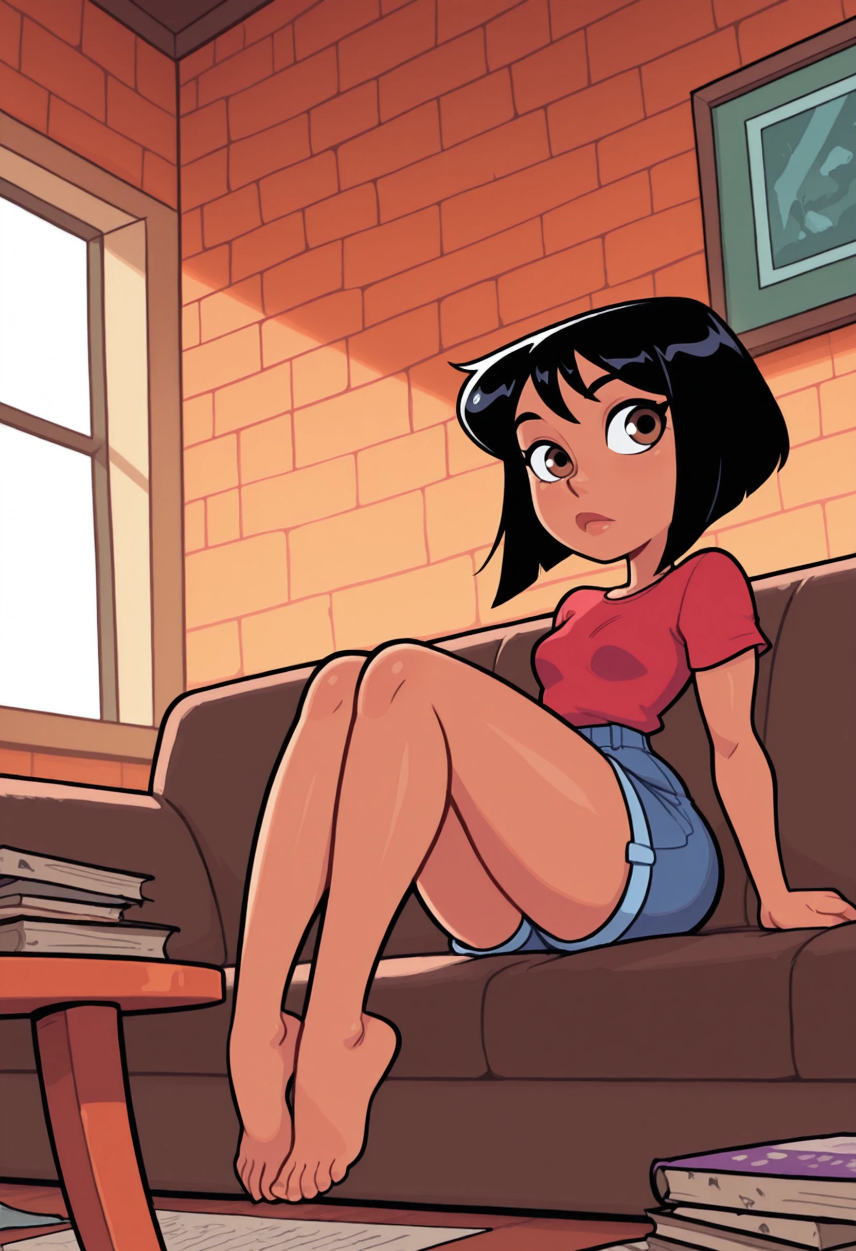 Masterpiece, Superior Quality, Amazing Quality,Masterpiece, Maximum Quality, Ultra-detailed, Dynamic Angle, Dynamic Composition, Alone, Dynamic Lighting, Adult woman, latina black hair, inverted bob, tan skin, brown eyes, athletic body, small breasts, thin, fit, barefoot, lighting, looking at viewer, looking to the side, jean shorts, red t-shirt, Sitting on a sofa, knees together, tea table in front of her, messy books, orange brick walls, window,toon